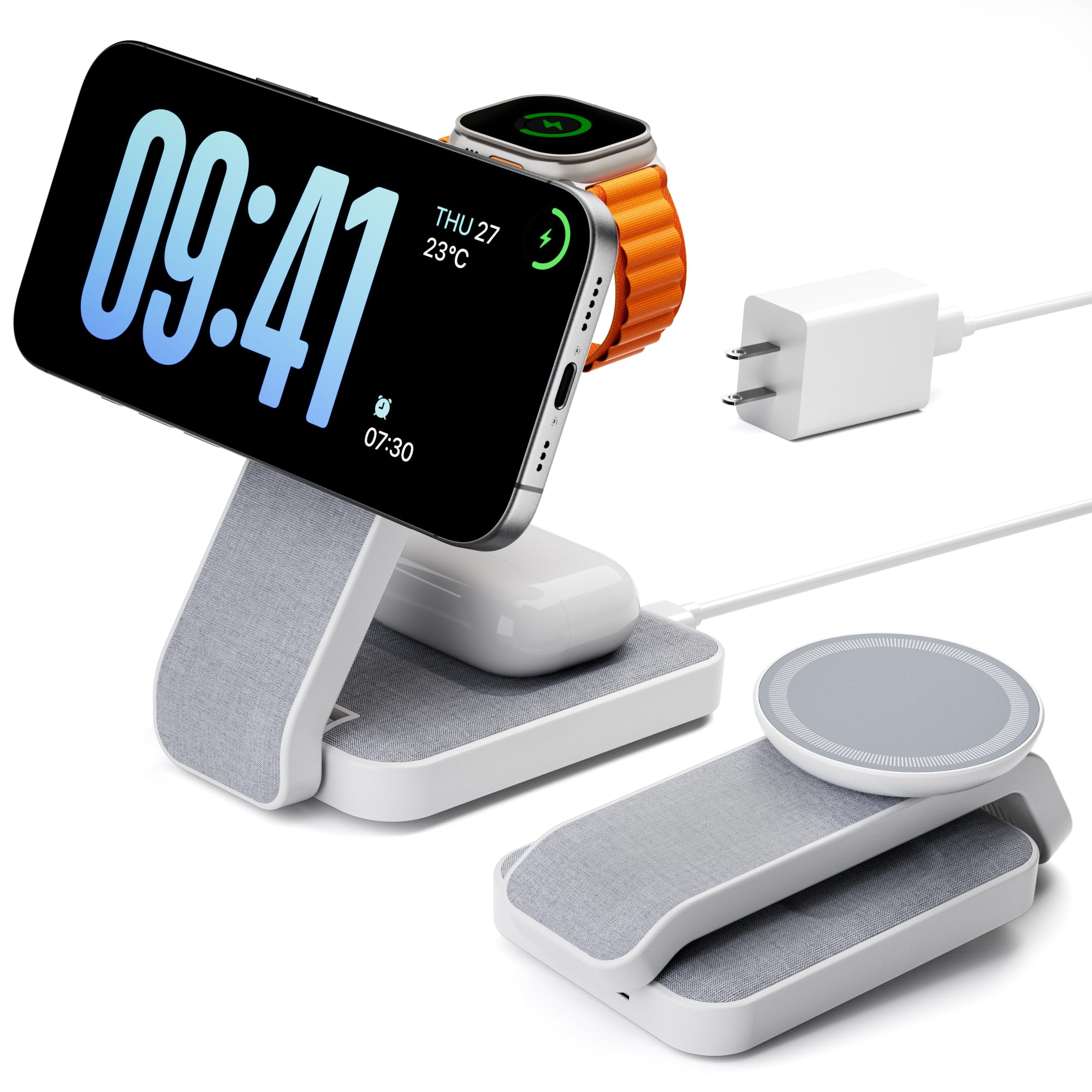 Eazpower Magnetic Ladestation 3 In 1 Faltbar, i-Phone Ladestation Magnet Ladegerät App-le Watch und i-Phone Mehrere Geräte, Reisen Tragbar Wireless Charger - Grauweiß