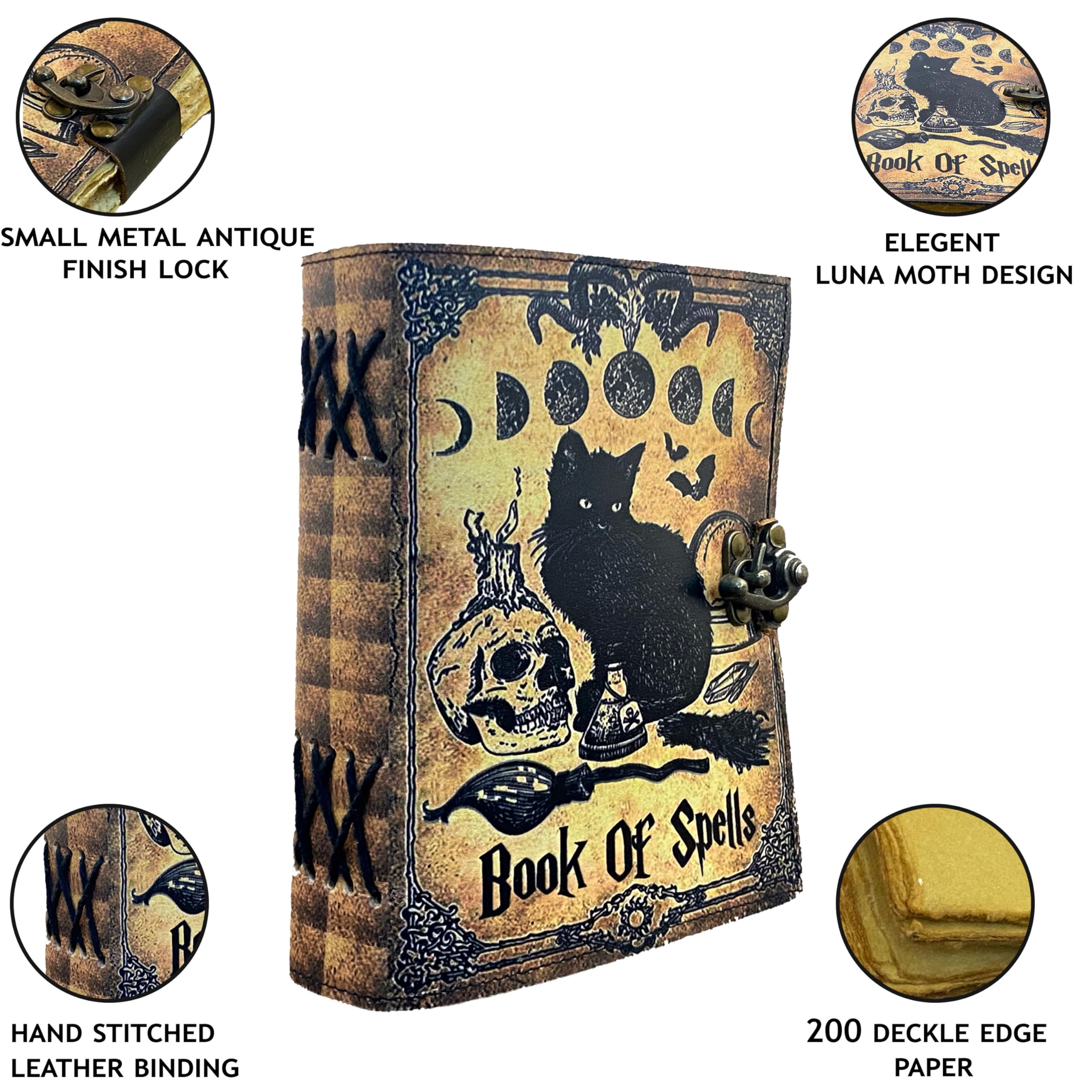 Blanko-Buch der Schatten Grimoire Tagebuch Magische Katze gedruckt Hexerei Supplies Hexe Wicca Notizbuch Handgemachtes Vintage Büttenpapier Leder Skizzenbuch, tolle Geschenke 17,8 x