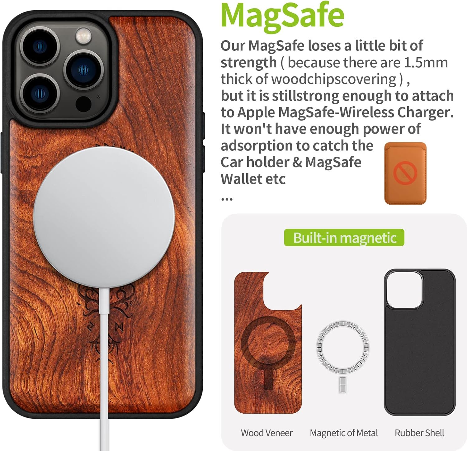 Carveit Magnetic Wood Case for iPhone 14 Pro Max [Natural Wood & Black Soft TPU] Unique & Classy Wooden Shockproof Protective Cover Compatible with magsafe (Viking -Rosy)