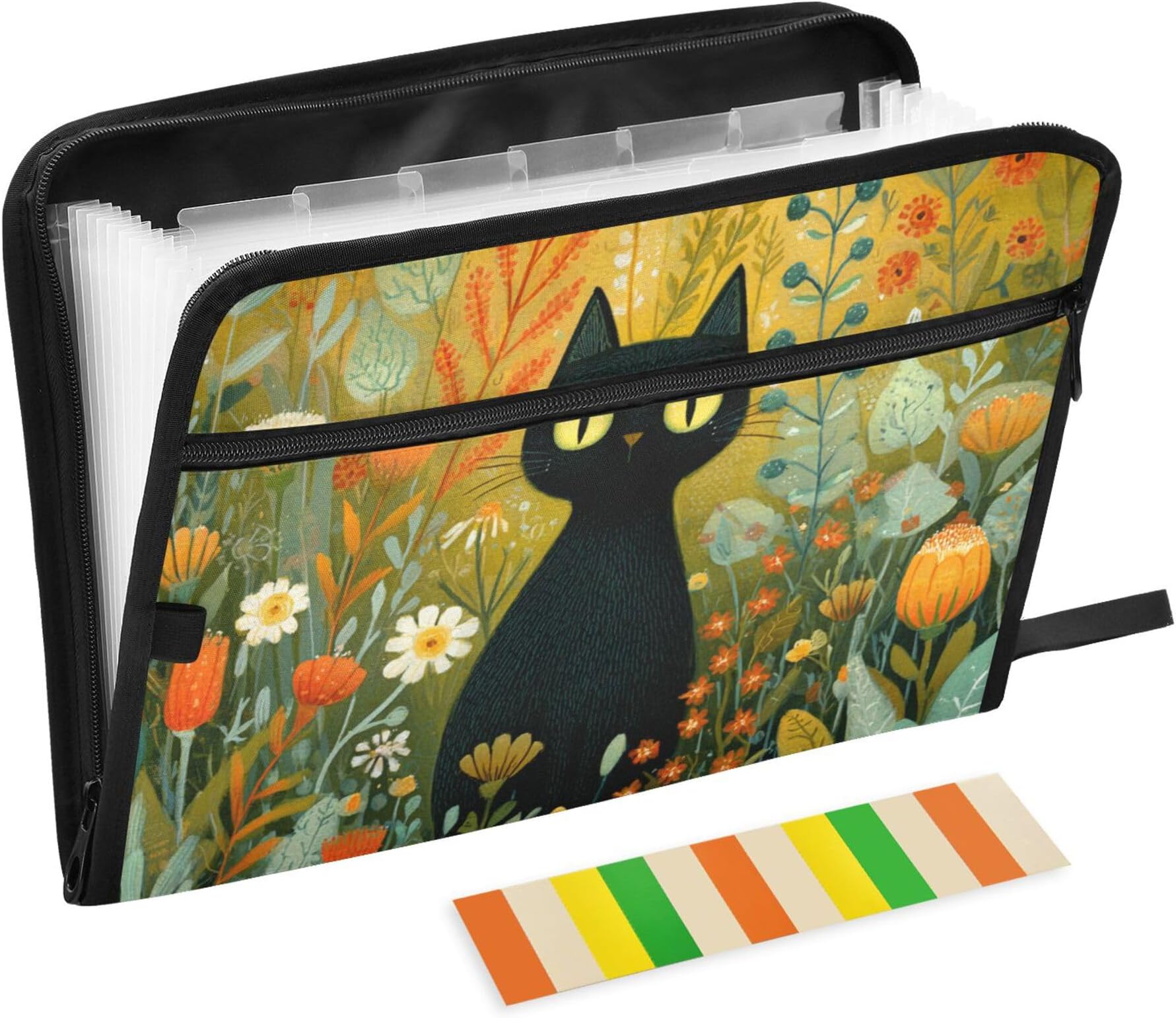 Cute Black Cat Expanding File Folder with Sticky Labels, 13 Pockets Accordion File Folder Document Organizer Expandable Zip File Folder with Zipper Closure
