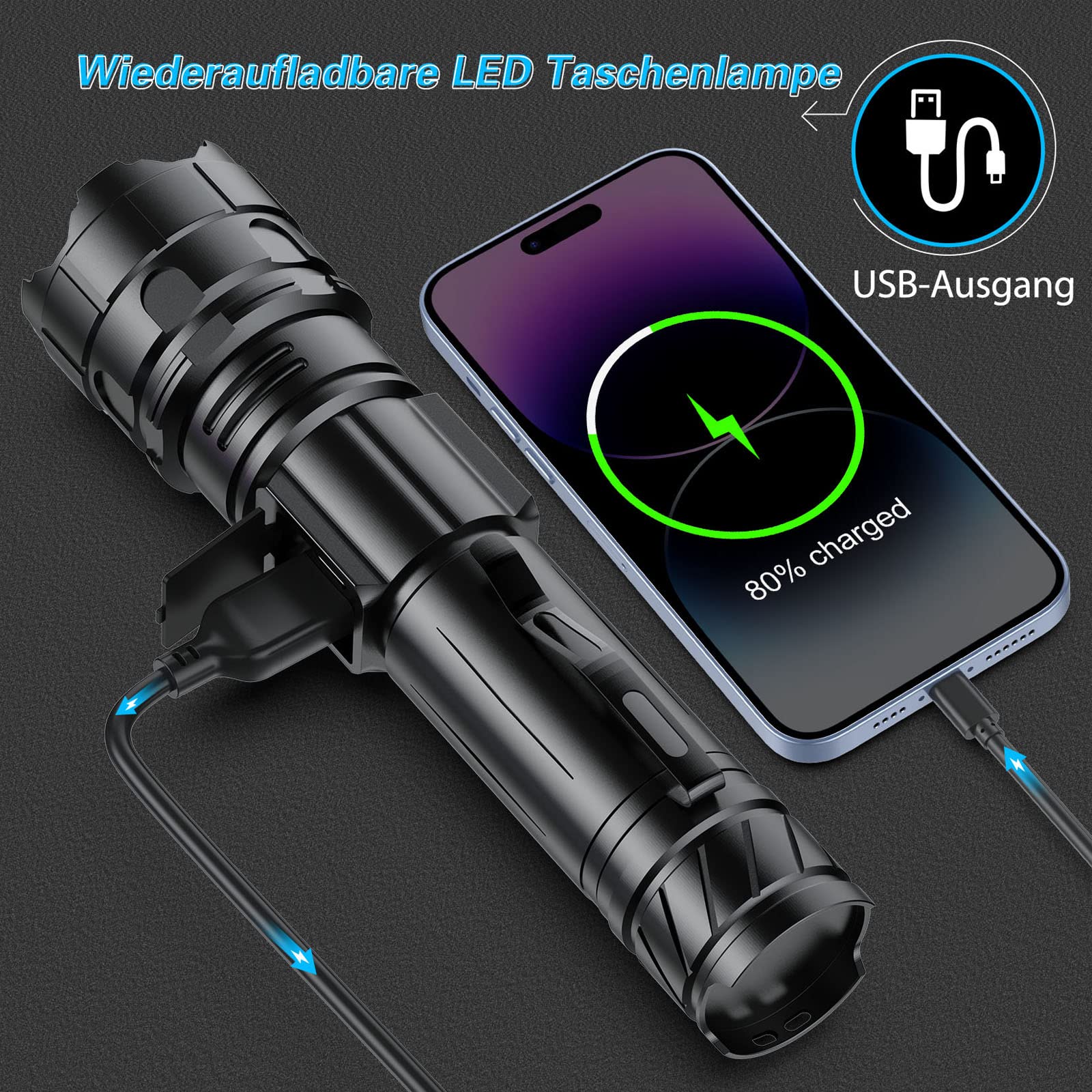 Lampe Torche LED Ultra-puissante 500 000 Lumens - Rechargeable USB, 5 Modes, Zoomable, Tactique - Pour Camping, Sécurité