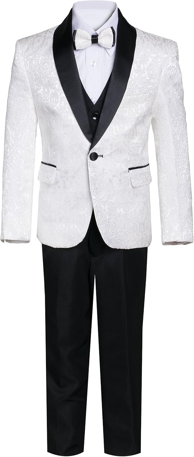 Boys Premium Paisley Patterned Shawl Lapel Tuxedos - Many Colors (4, Off White with Black)
