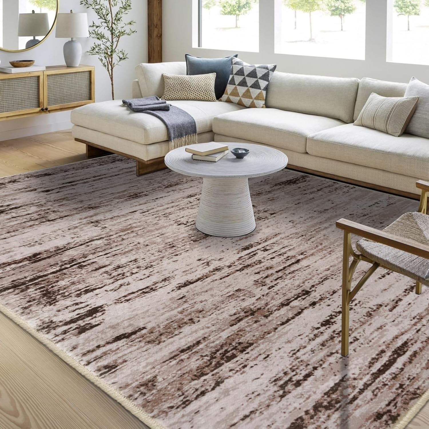 Modern Abstract 8x10 Large Living Room Washable Rug Non-Slip Soft Bedroom Area Rug Brown Print Faux Wool Carpet Throw Rugs for Nursery Playroom Dining Room Indoor Office Home Decor 8'x10'(96"x120") Brown