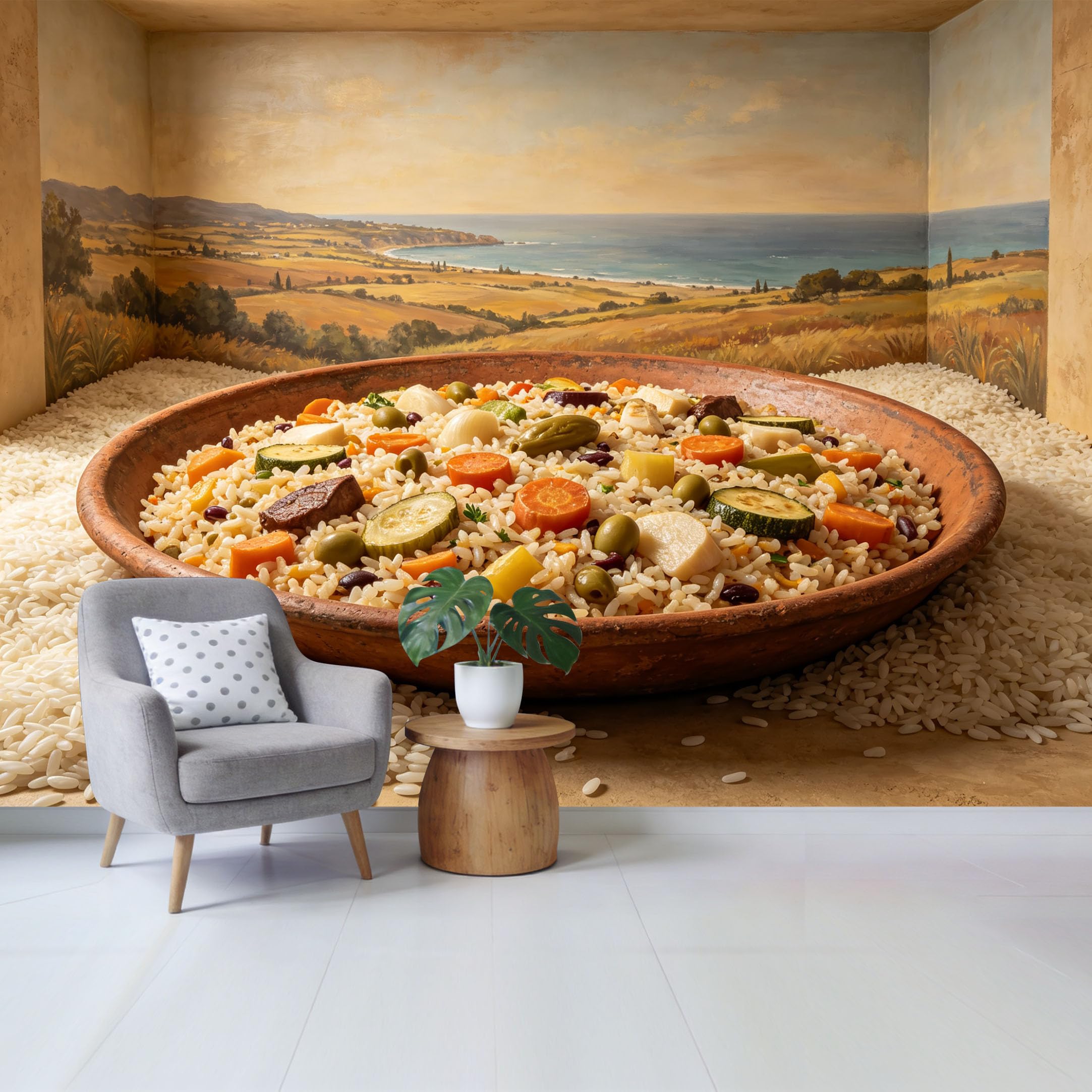 Custom Size Wall Mural Mediterranean Landscape Coastal View with Rustic Vegetable Dish Oil Painting SelfAdhesive Wall Fabric Removable Wallpaper for Home Office Decor