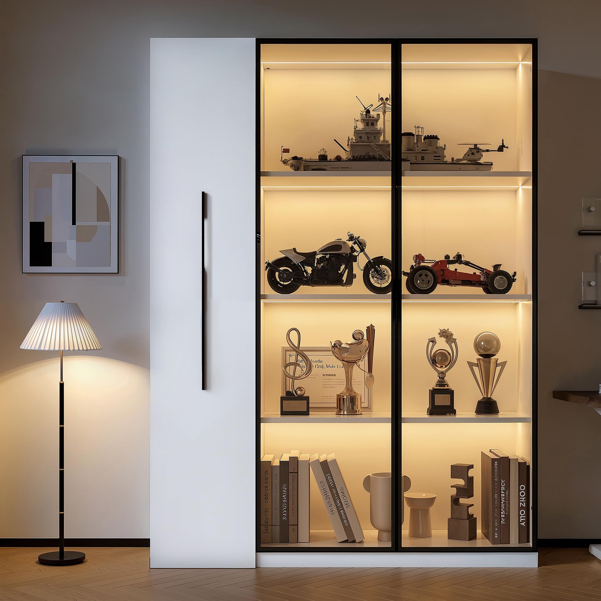 Merax Vitrina de 110,5 × 35 × 160 cm, armario multifunción con puerta de cristal e iluminación LED, cajón lateral con espacio de almacenamiento, armario alto de estilo francés, adecuado como
