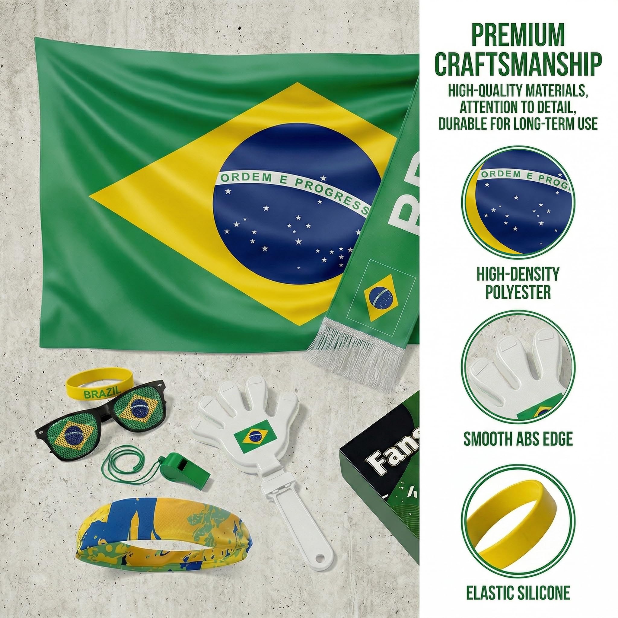 Soccer Fan Gear Set 2026-7 Piece Game Day Kit with Flag, Scarf, Glasses, Whistle, Clapper, Wristband & Headband in Gift Box - Watch Party & Stadium Essentials for Brazil - 2