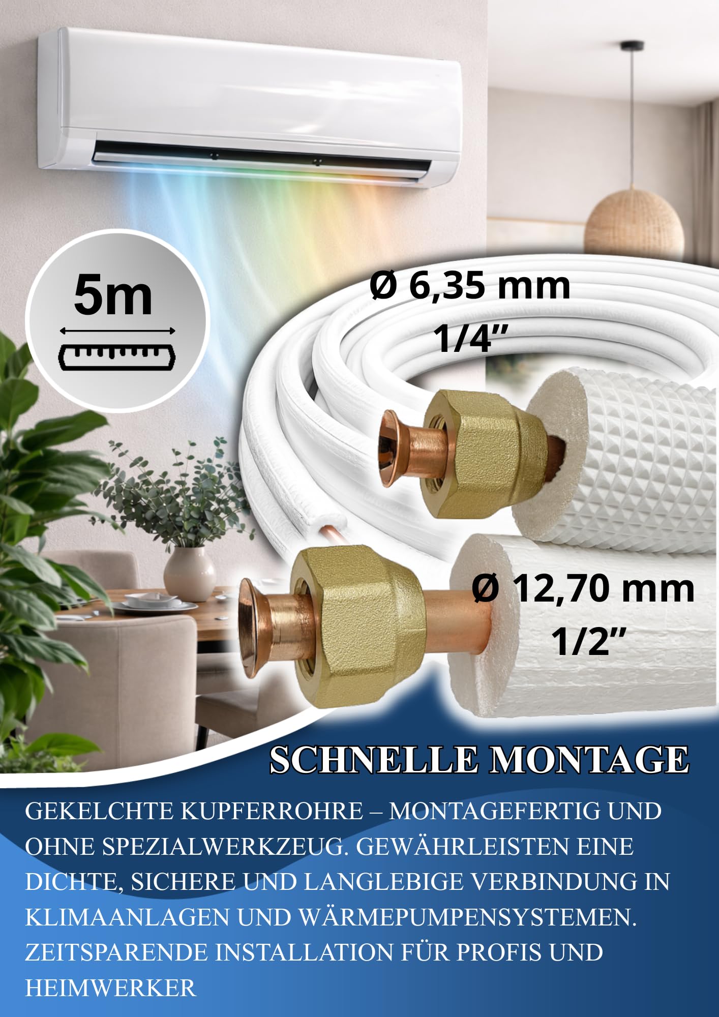 Black panda - Komplettes Klimaanlagen Montage-Set bis 5,0 kW – 5 m Kupferrohre 1/4" & 1/2" mit 9 mm Isolierung, 5 m Kondensatschlauch Ø 16 mm, Steuer- & Stromkabel, 550 mm Wandhalter