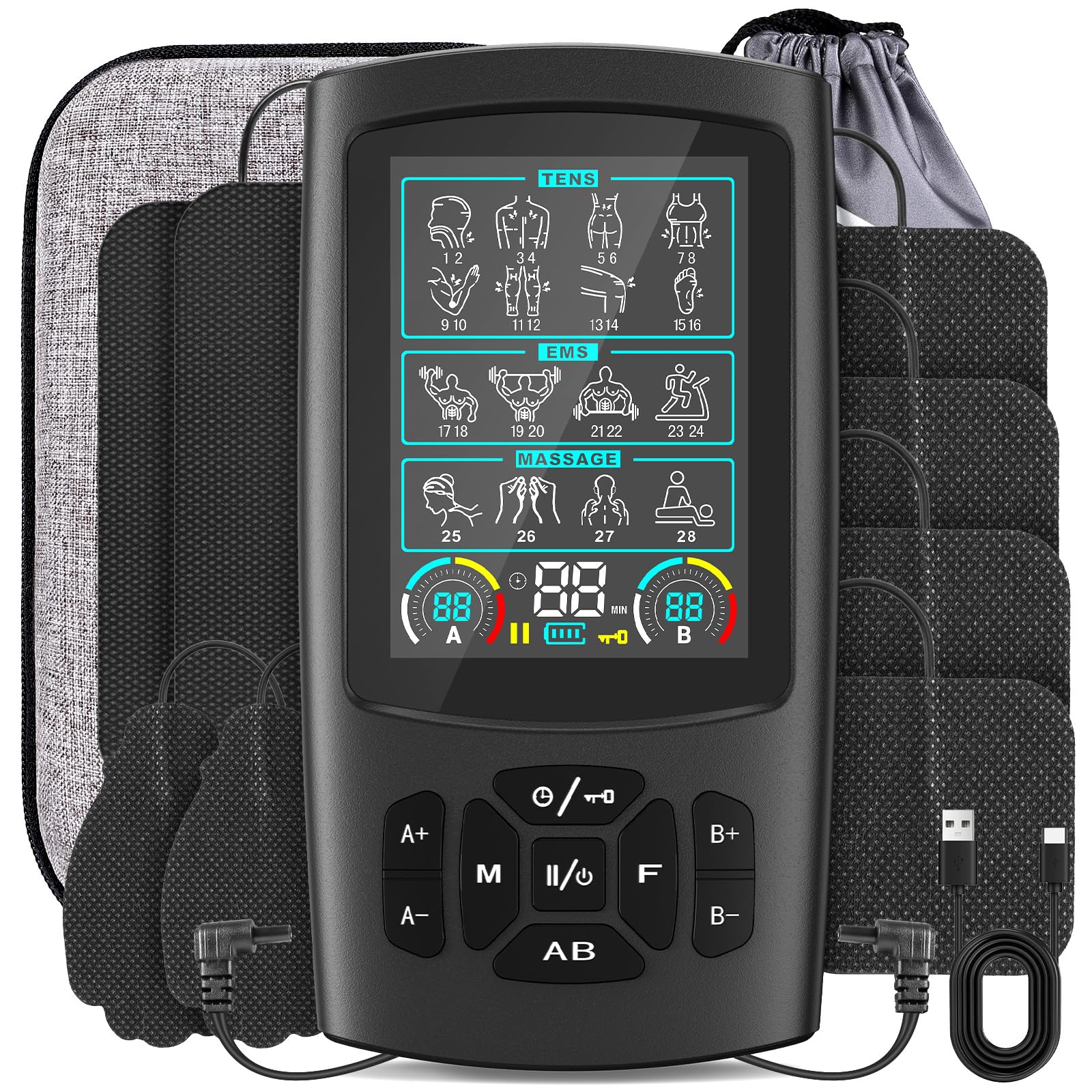 3-in-1 TENS Unit Muscle Stimulator with Color Display - Dual Channel EMS Machine, 28 Therapy Modes,40 Intensity Levels,8 Electrode Pads & EVA Case for Effective Pain Relief