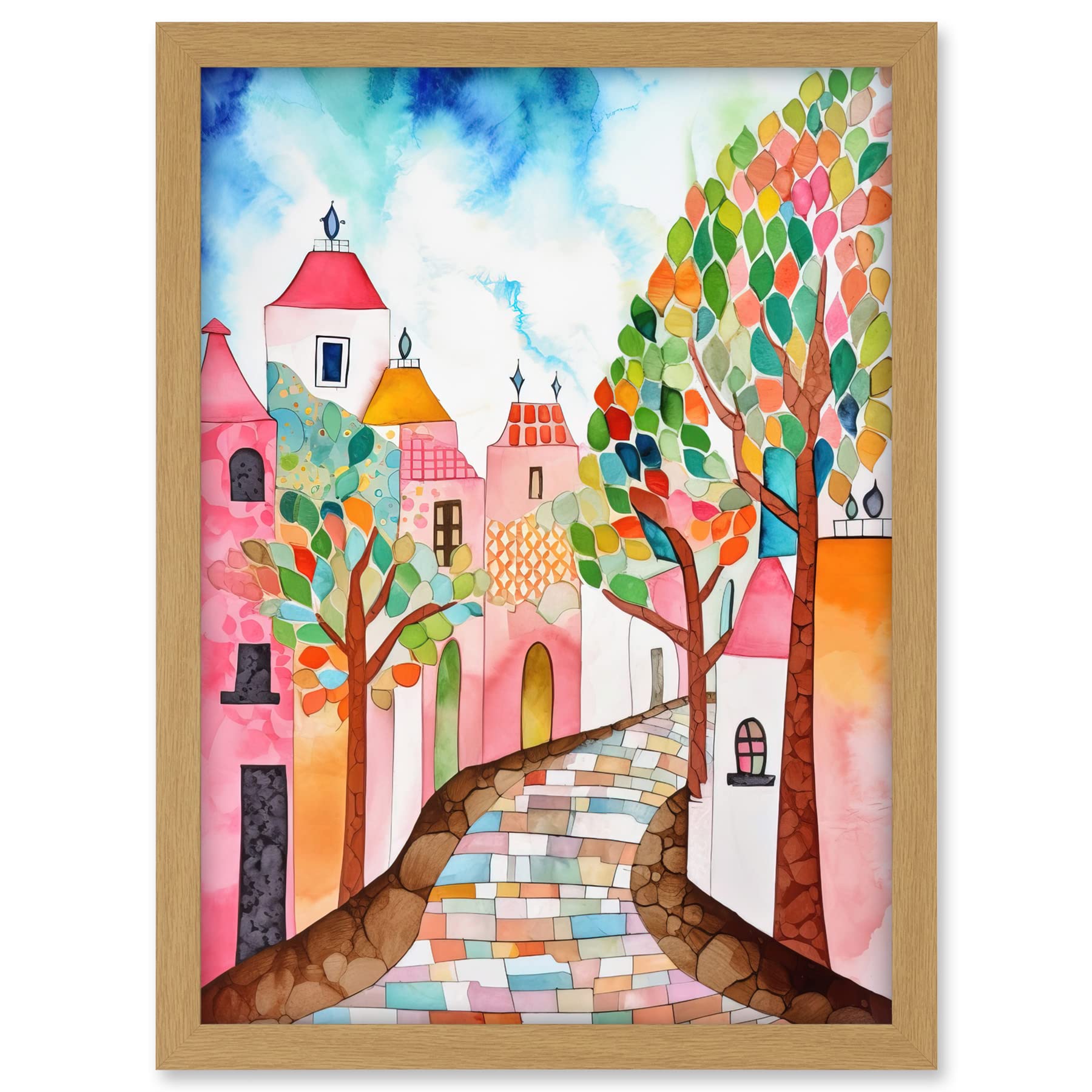 Artery8 Cobblestone Street In Spring Folk Art Artwork Framed A3 Wall Art Print