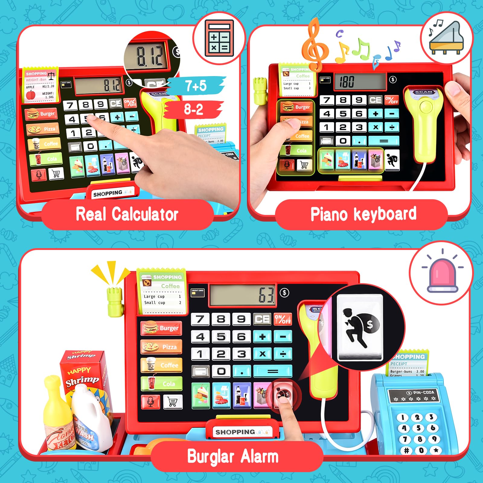 Joellfuner Registratore di Cassa Giocattolo, Supermercato Giocattolo per Bambini, Con 46 Accessori (Vera Calcolatrice/Scanner/Soldi Finti/Cibo, Ecc.), Giocattolo Per Bambini 3+ Anni