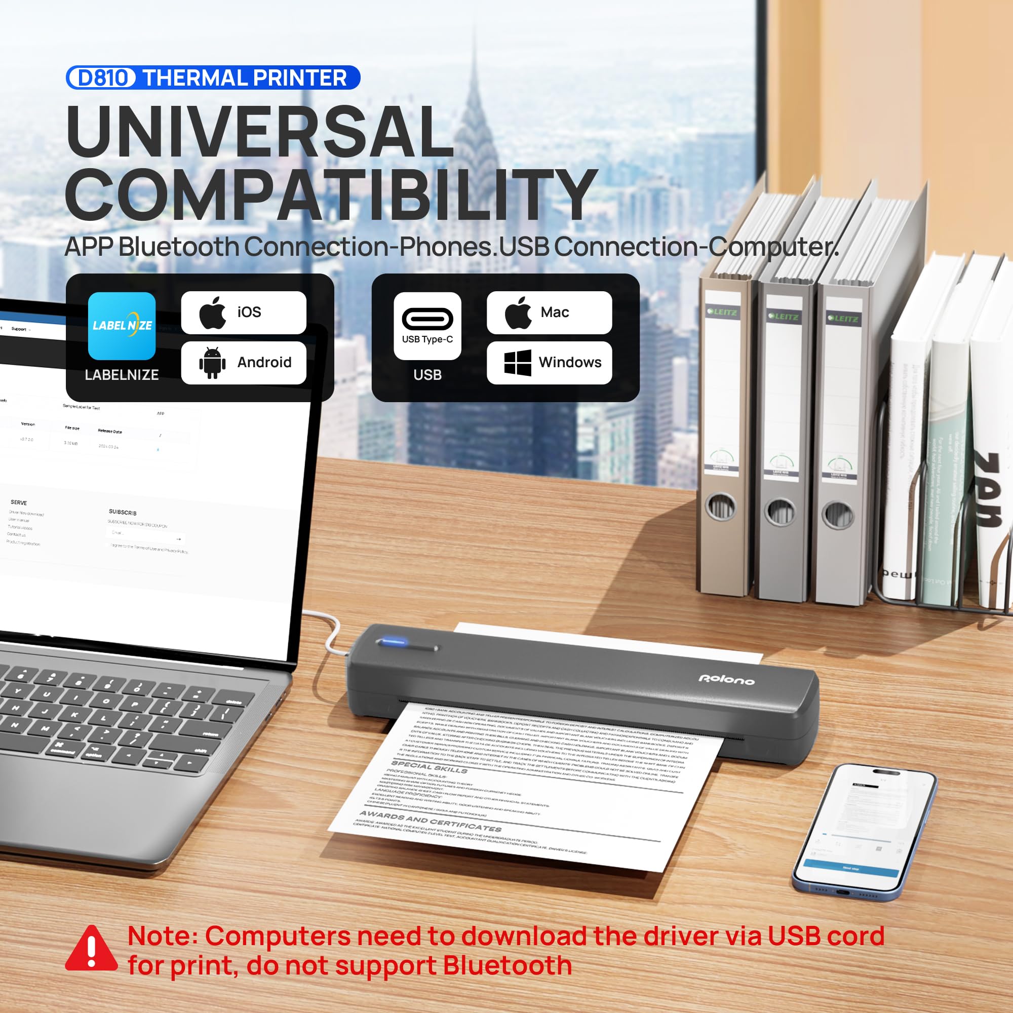 POLONO Impresora térmica A4 inalámbrica, aplicación Smart AI, impresora móvil A4 para viajes, 8,5 x 11 pulgadas, impresora portátil compatible con iOS, Android, portátil para oficina, coche, hogar