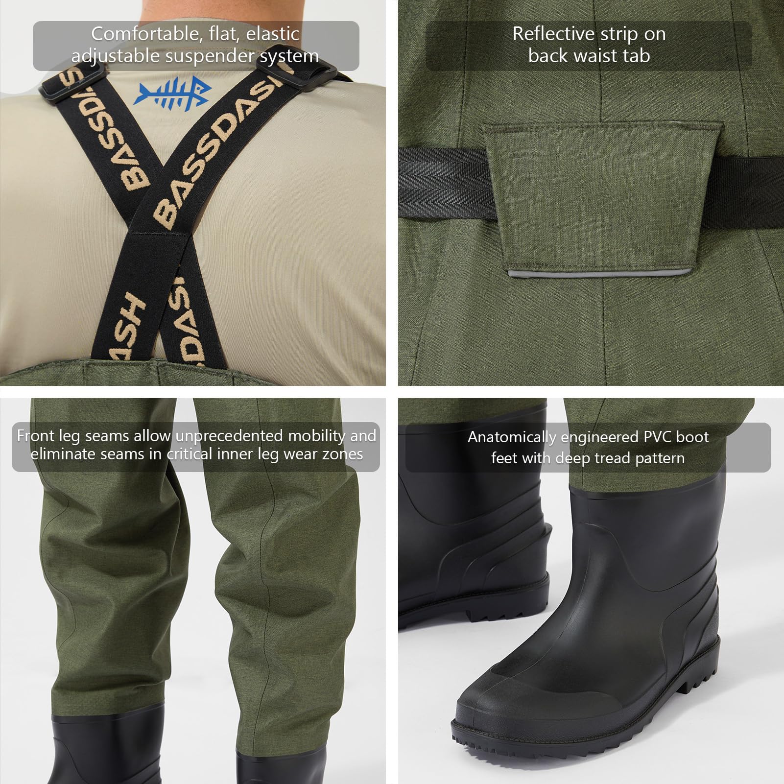Bassdash Herren PVC Wathose Brustwathose, reissfest, hochfest, integrierter Stiefel, zum Fliegenfischen & Jagen – FW13