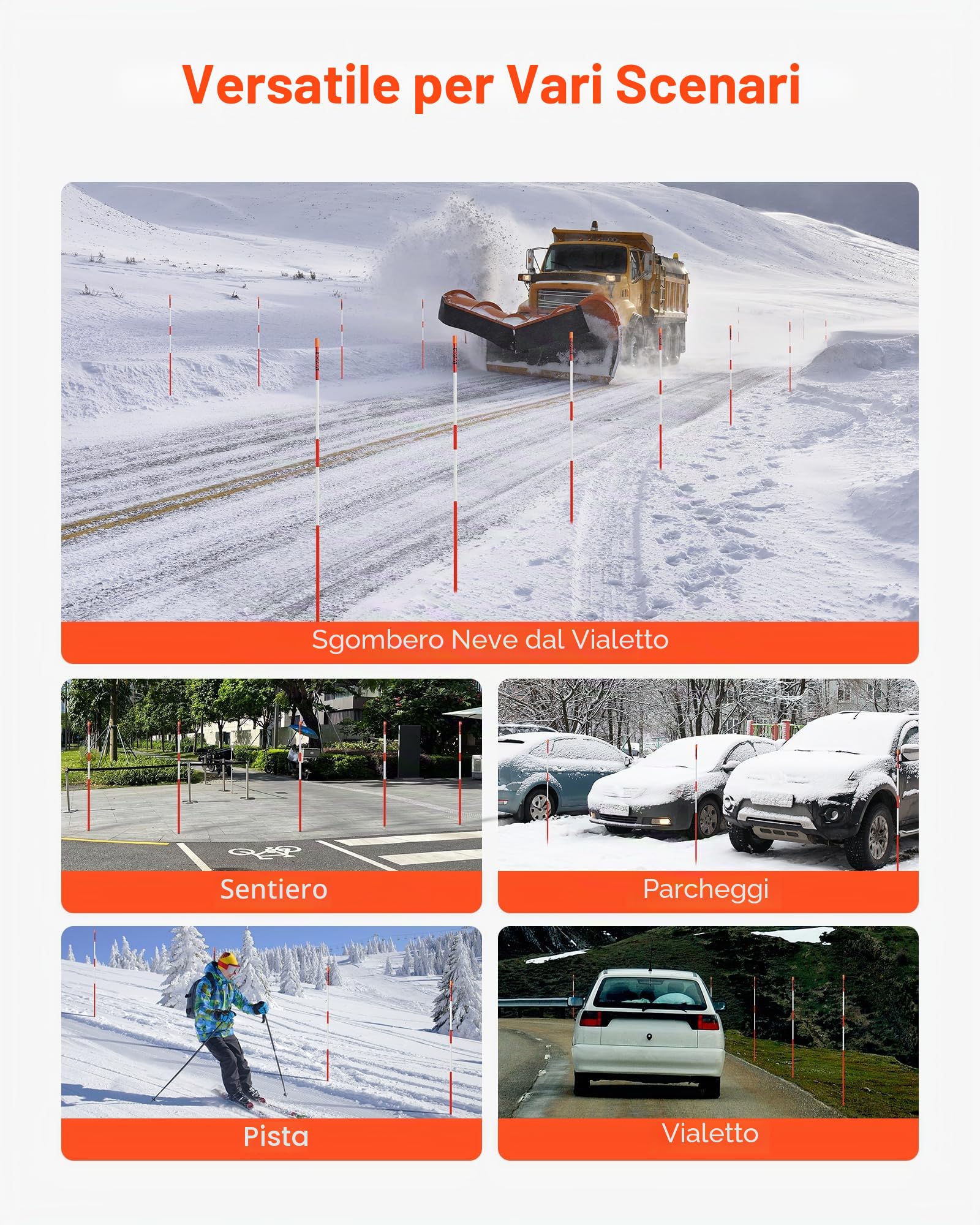 VEVOR Segnavia, 200 Pezzi, Φ6,35 x 1200 mm, Catarifrangenti ad Alta Visibilità per Vialetti con Punte da Trapano in Acciaio da 30 cm, Bastoncini da Neve Riflettenti in Fibra di Vetro per Parcheggi