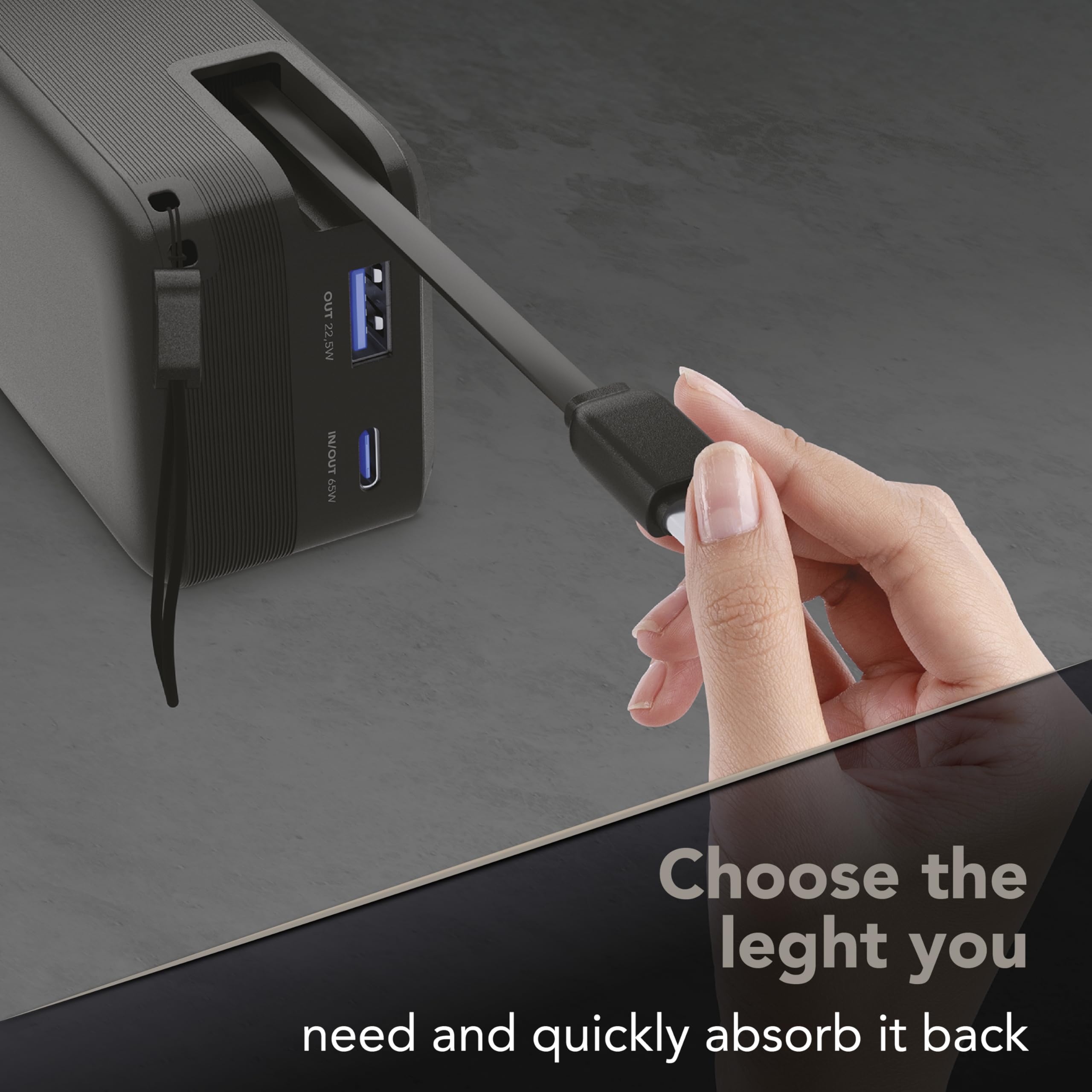 Cellularline Powerbank Roller 10.000 mAh mit 45 W Schnellladefunktion, integriertem 70 cm USB-C-Kabel, LCD-Display, DREI Anschlüssen und Trageschlaufe Schwarz