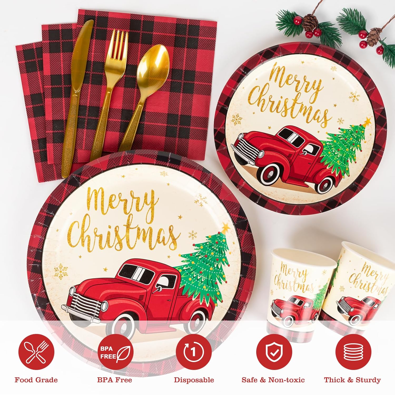 Festive Red and Gold Christmas Dinnerware Set with Plaid Napkins