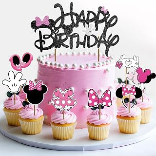 Pink Birthday Cake Topper, Cartoon Cake Decorations Include 1pc Happy Birthday Glittery Cake Topper and 8pcs Cupcake Topper, Fantastic Pink Birth day Party Decorations for Girls