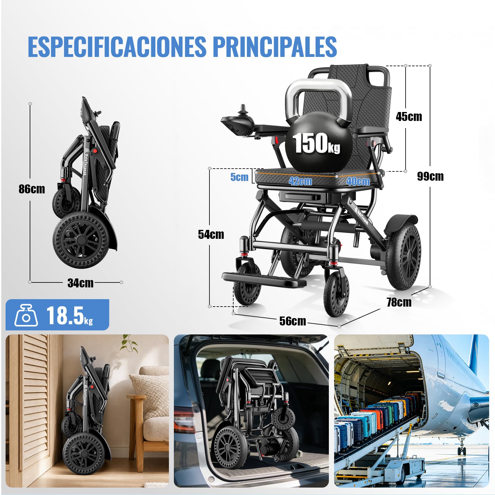 D14 Silla de ruedas eléctrica ligera y plegable, batería de litio extraíble, autonomía 20km, motor 500W, ultraligera de aleación de aluminio, ideal para viajar y apta para transporte aéreo-Negro