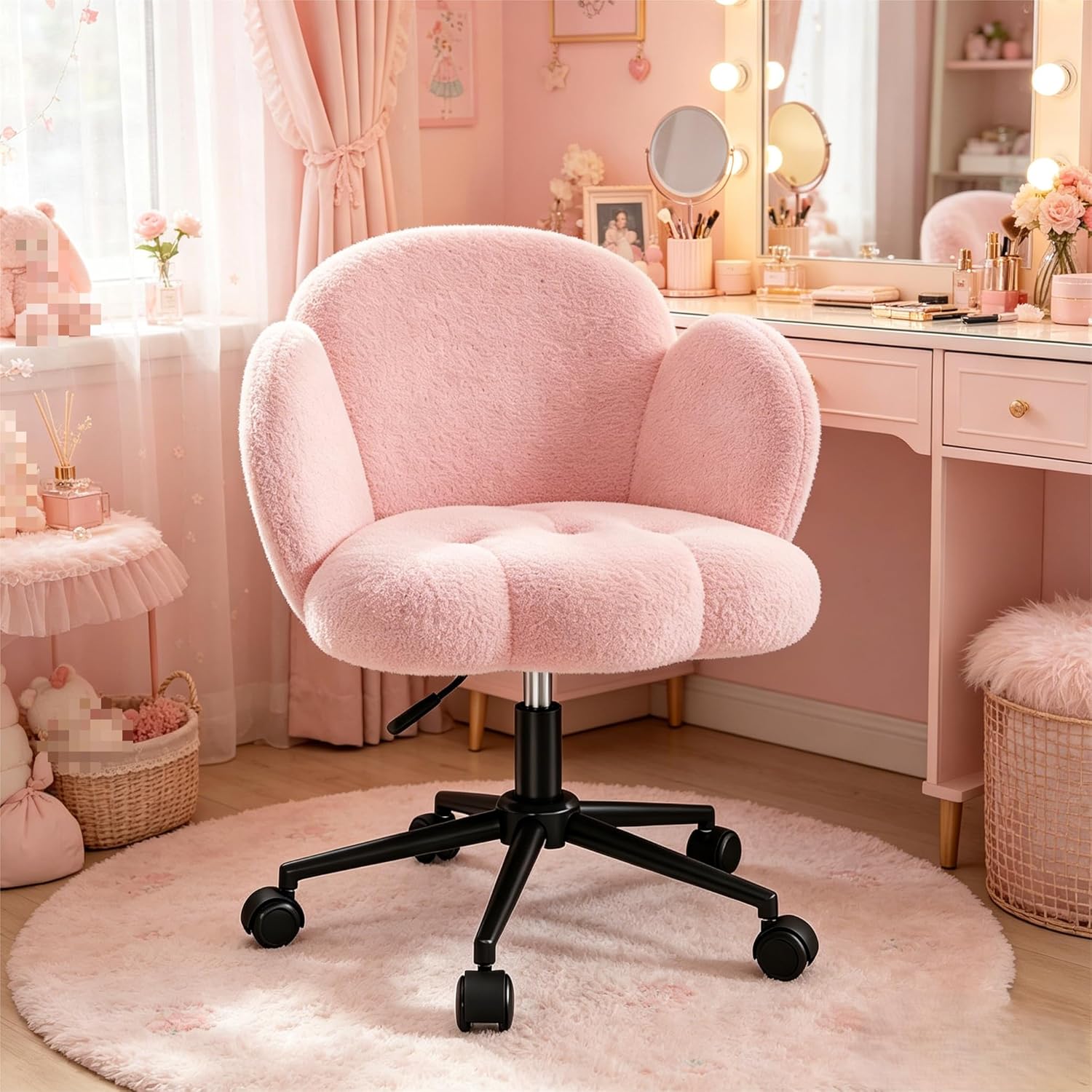 Homkdom Petal Vanity Chair with Wheels, 3.5" Thick Comfy Desk Chair with Back, Height Adjustable & 360°Swivel, Aesthetic Computer Task Chair for Bedroom, Living Room, Pink