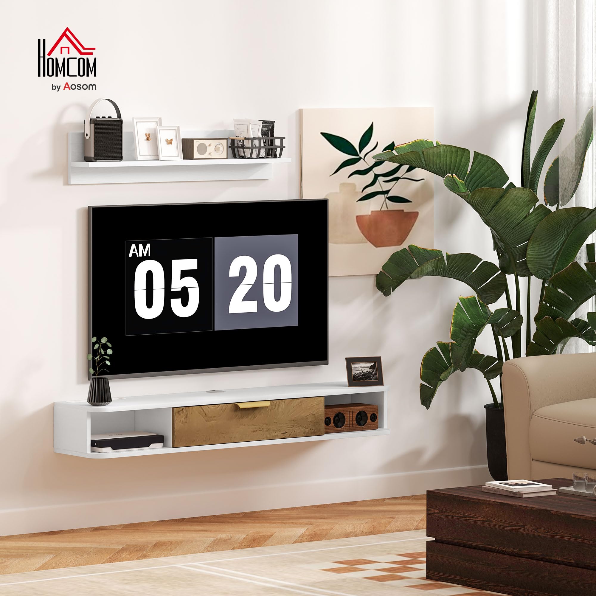 HOMCOM Ensemble Meuble TV Suspendu Passe-Câbles 120 x 24 x 16 cm Blanc