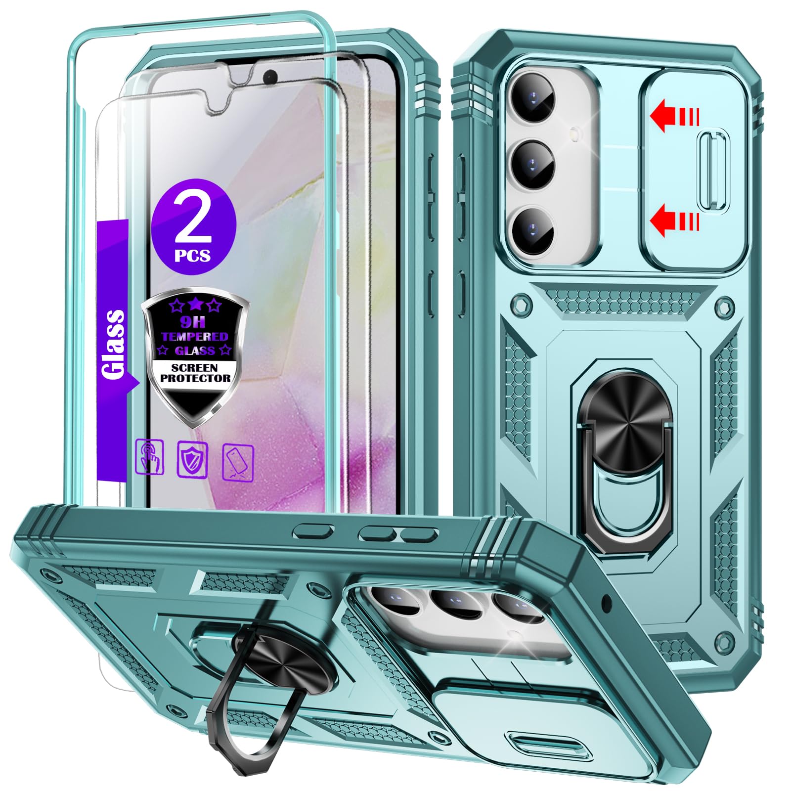 YmhxcY for Galaxy A35 5G Case with Camera Cover Slider, 2*Tempered Glass Screen Protectors,Build in 360°Rotating Ring Kickstand, Military Grade