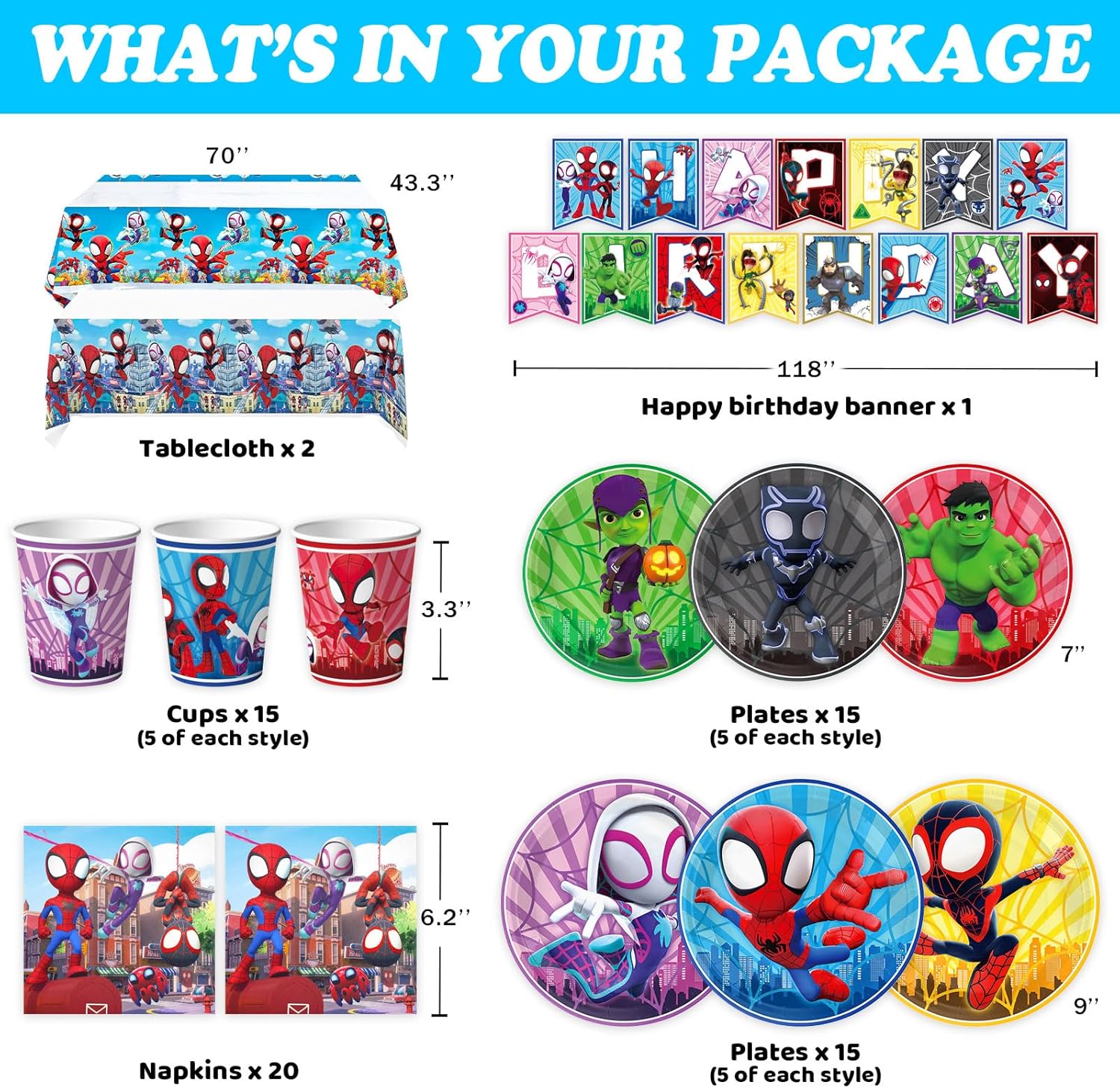 Birthday Party Supplies,68 pcs Party Decorations include 6 Different Style Paper Plates,2 Large Tablecloth,Happy Birthday Banner,Napkins and Cups for Boys Girls Decor, Serve 15+ Guest