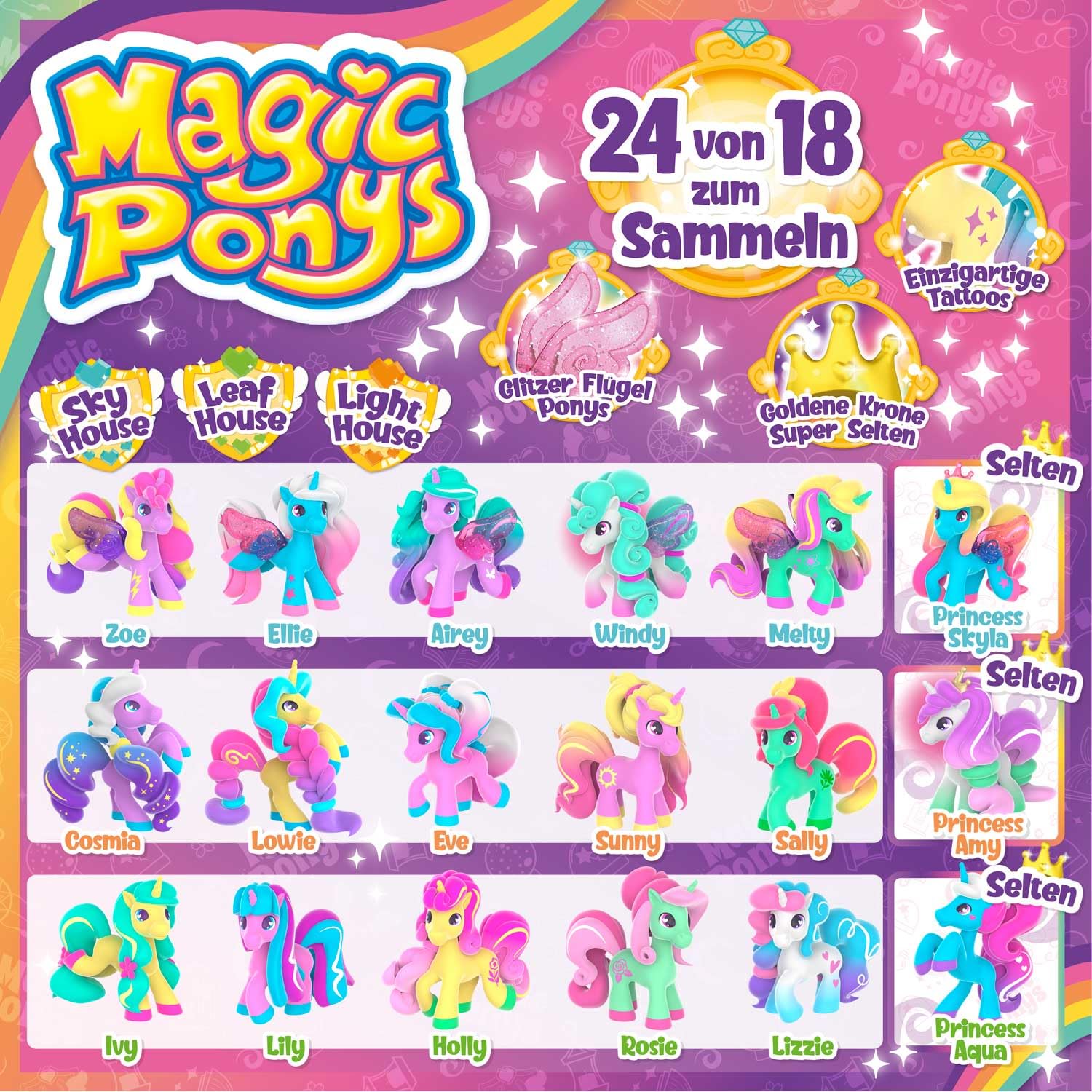 CRAZE Magic PONYS figurki kucyków z magicznymi tatuażami i akcesoriami, kompletna kolekcja z 24 figurkami na wystawie