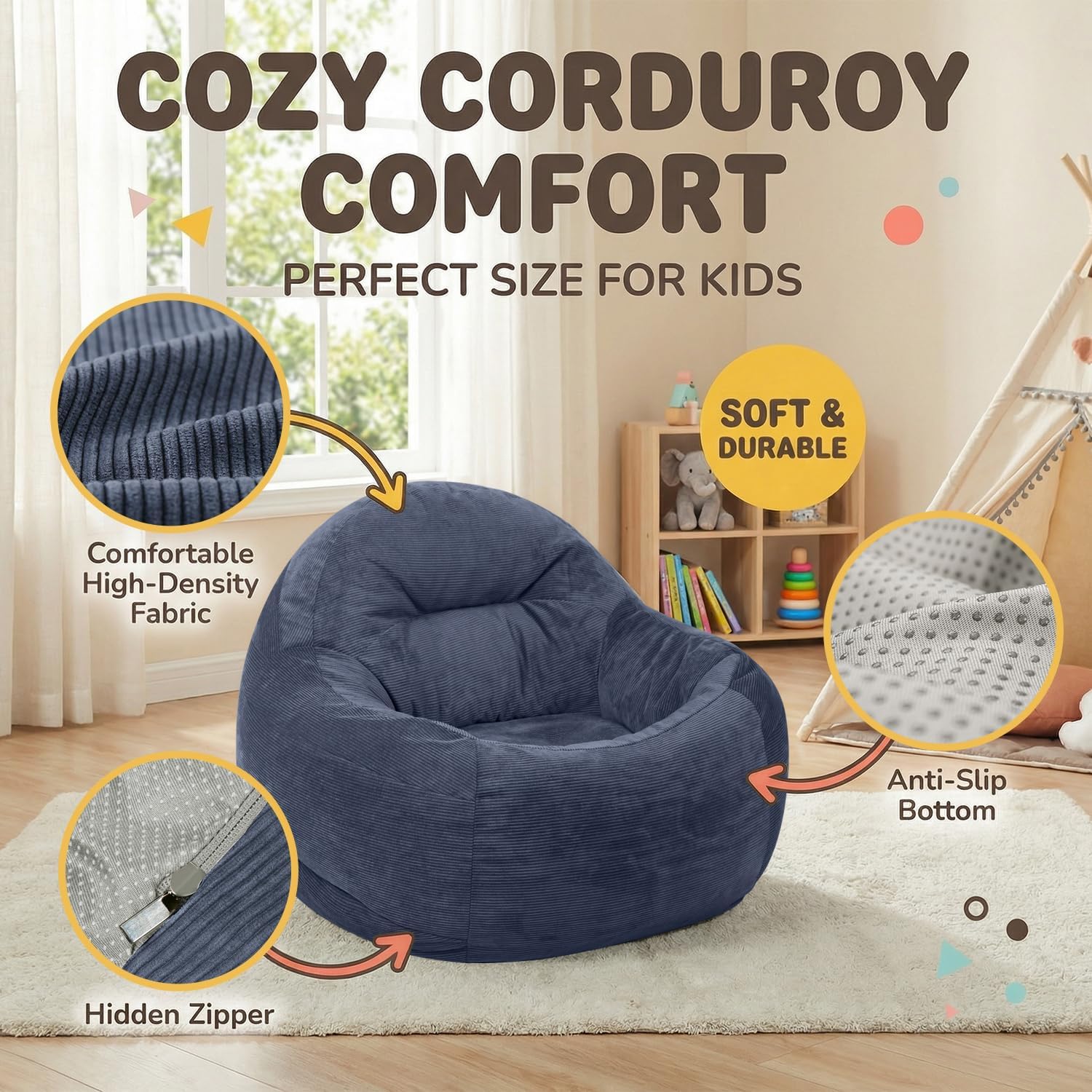 Bean Bag Chair for Kids/Teens with Armrests,3FT Round Memory Foam Filled Bean Bag,33'D'×33.5'W'×24'H',for Bedroom,Living Room,Reading,Dorm,Navy Blue