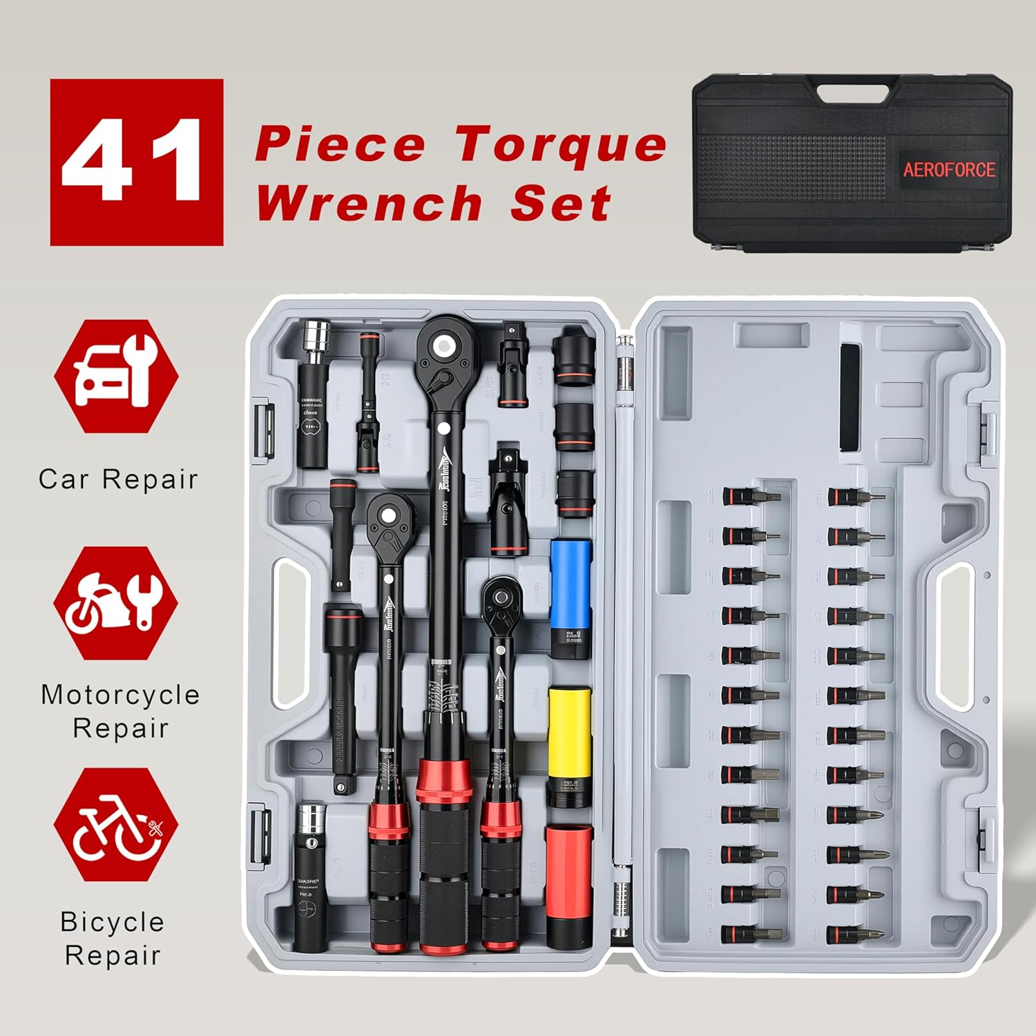AEROFORCE 1/4 & 3/8 & 1/2-inch Drive Click Torque Wrench, 41Pcs Torque Wrench Set with Sockets and extensions, Hex, Torx, magnetic Spark Plug for Car, Motorcycle, Bike Repair