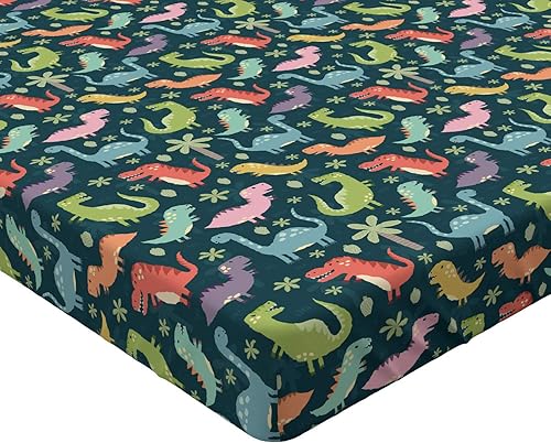 Miniatura 3 de Ambesonne Sábana bajera ajustable para fiesta de dinosaurios, coloridos personajes de dibujos animados, bosque y selva, temática de vida silvestre,