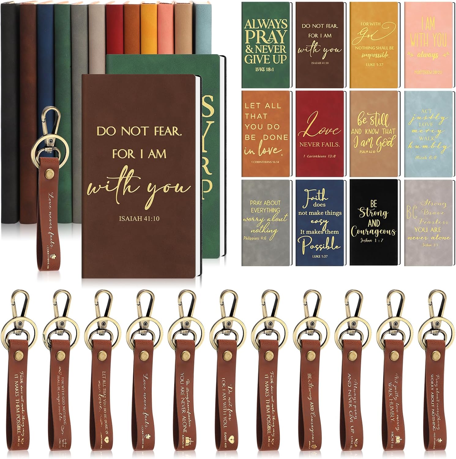 Qilery 24 Pcs Christian Coworker Gifts Bulk PU Leather Bible Verse Notebook Prayer Notepad with Leather Keychain Religious Journal Christian Party Favors for Easter Men Women Church Member Group