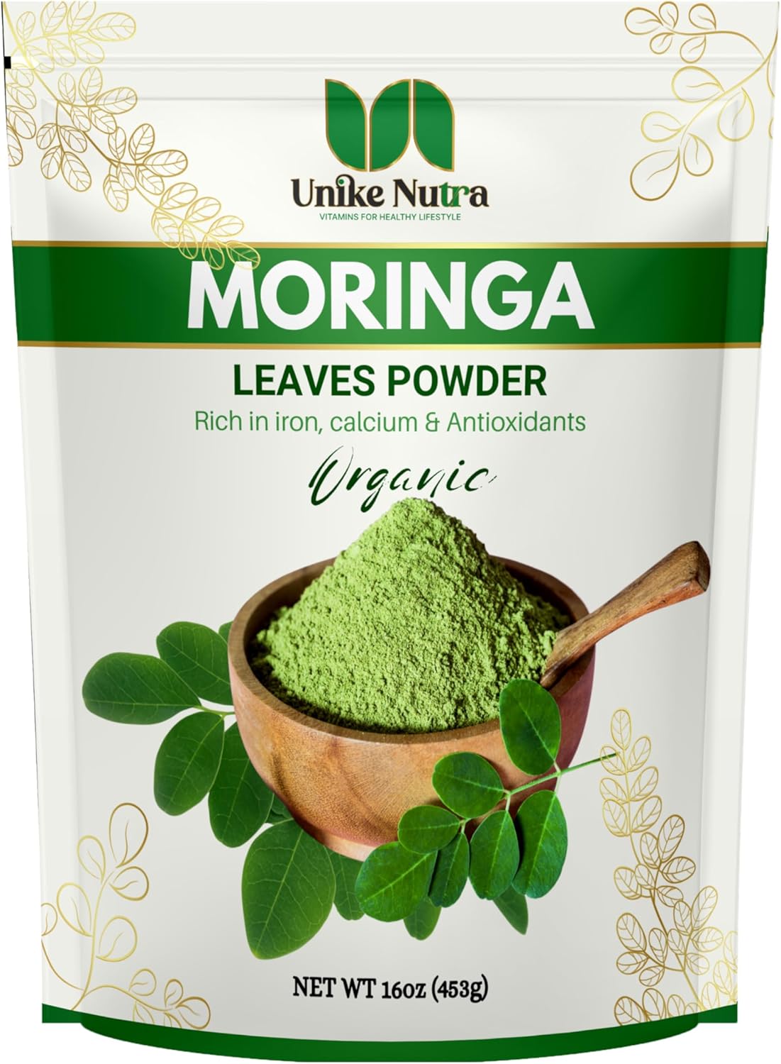 Organic Moringa Powder (16oz) – 100% Pure Moringa Leaf Powder – Nutrient-Dense Superfood for Smoothies, Tea & Juice – Sustainably Sourced from India – Vegan, Non-GMO, Raw (453g)