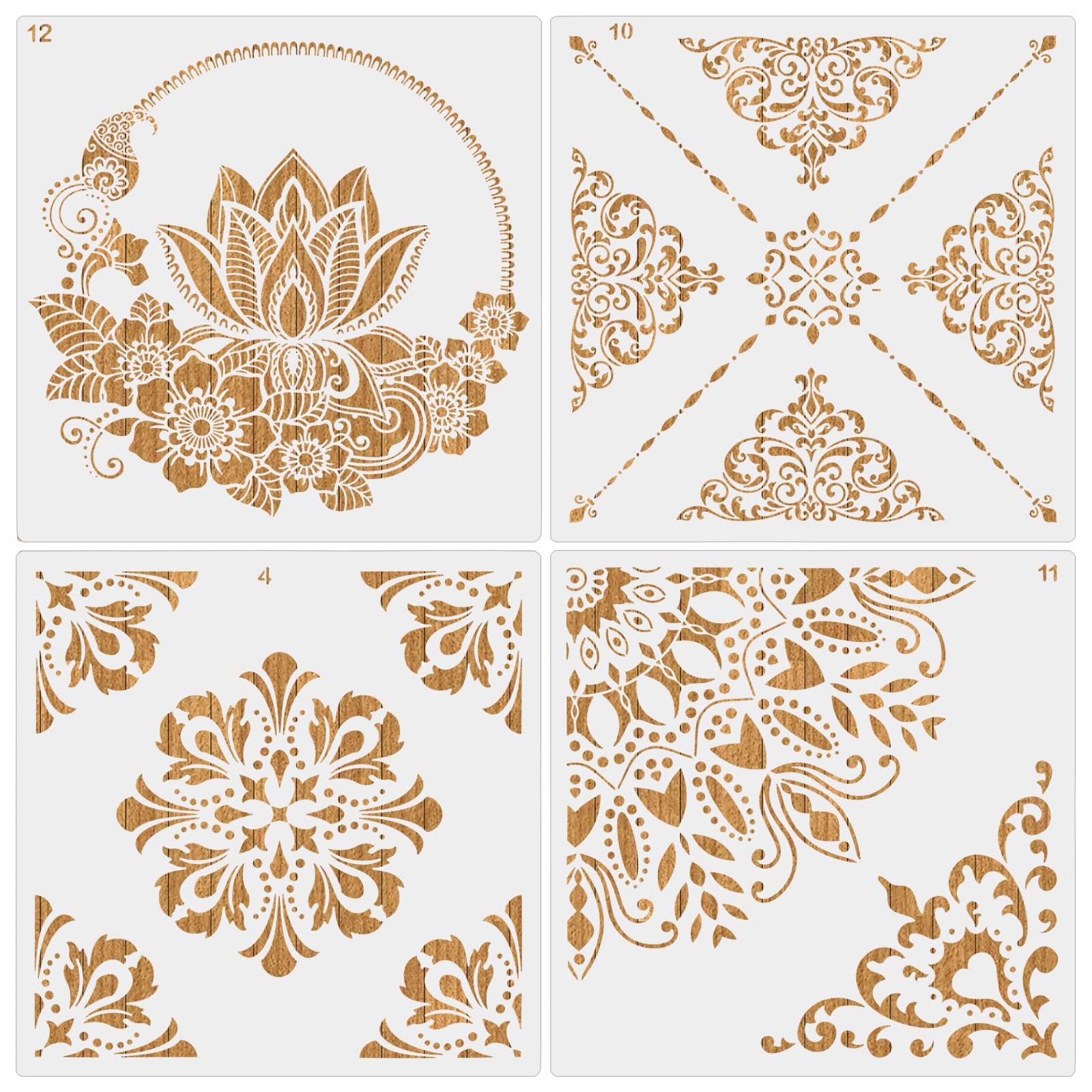 MWOOT 4 Pcs Large Mandala Stencils Set, Reusable DIY Drawing Painting Template for Tile Wall Art Design, Flower Shapes Scale Stencils Supply for Painting on Wood Canvas Floor Diary Decoration(30x30CM)