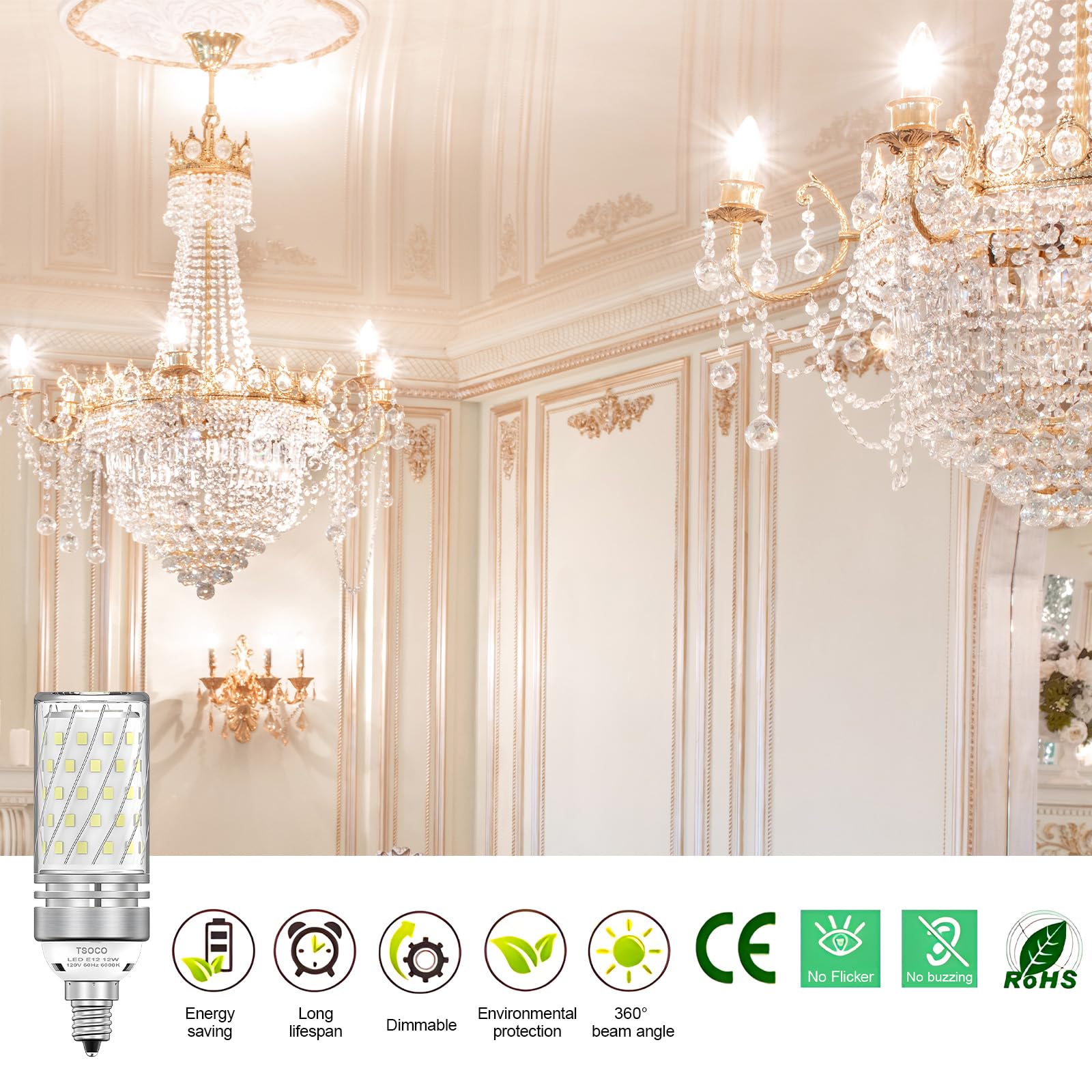 E12 Bombillas LED Bombillas de Candelabro de 12 W equivalente a 100 W, 1200 lm, luz blanca de 6000 K, bombillas de ventilador de techo, base de vela decorativa E12 bombillas LED no regulables,