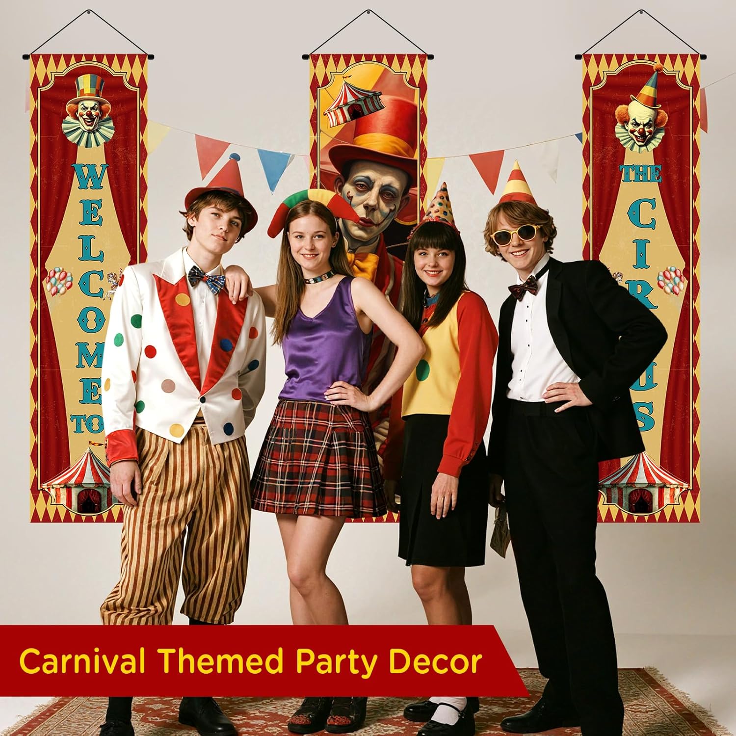 3Pcs Circus Carnival Party Decorations Vintage Halloween Carnival Banner Retro Clown Porch Sign Halloween Garage Backdrop Poster Supplies for Indoor Outdoor Wall Hanging Decor - Image 6
