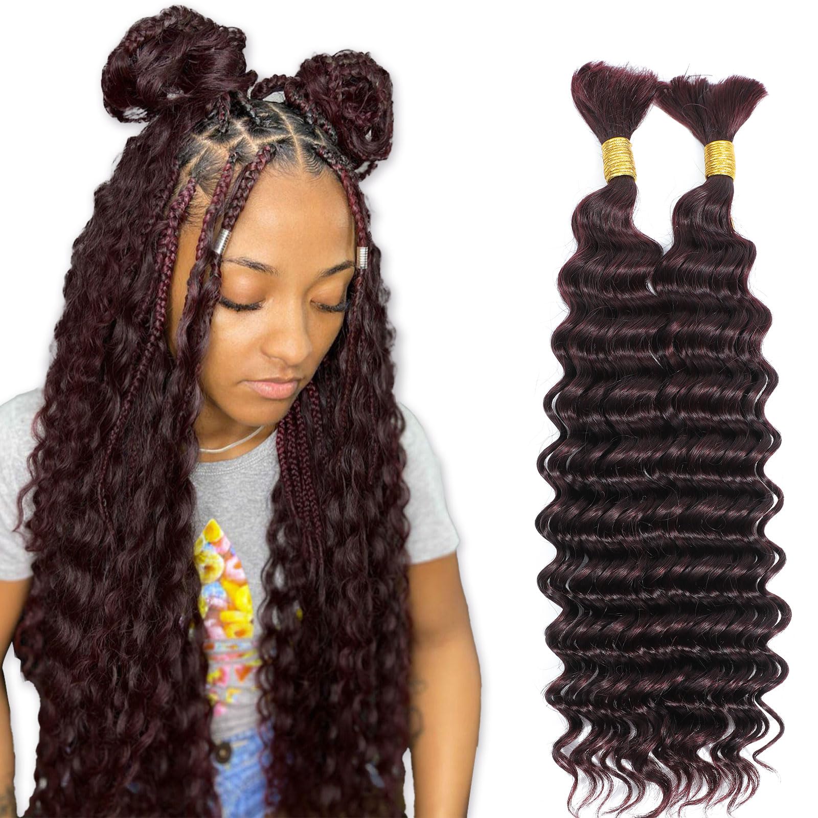DMKEEP Burgundy Top Grade Human Braiding Hair - 2 Bundles (100g) No Weft Deep Wave Bulk Hair for Braiding Extensions (99J, 20 Inch)