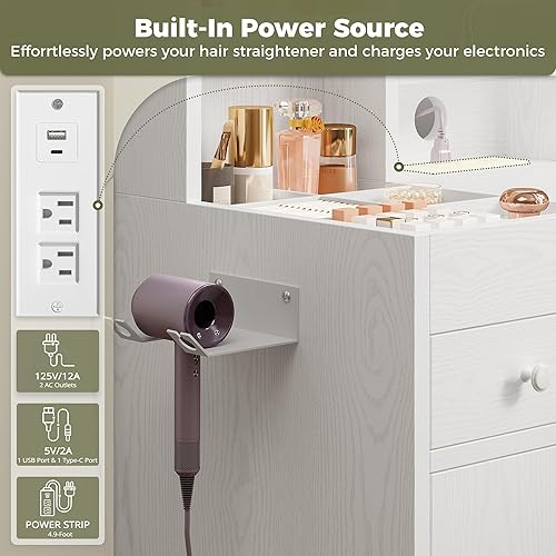 Miniatura 6 de IRONCK Escritorio de tocador con espejo de luces LED y toma de corriente, tocador de maquillaje con taburete de almacenamiento y estante para