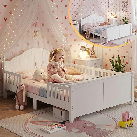 Full Bed Frames for Kids with Rails,Wood Low Platform Beds with Headboard and Footboard,Montessori Bed Full with Under Bed Storage for Boys Girls, No Box Spring Needed, White