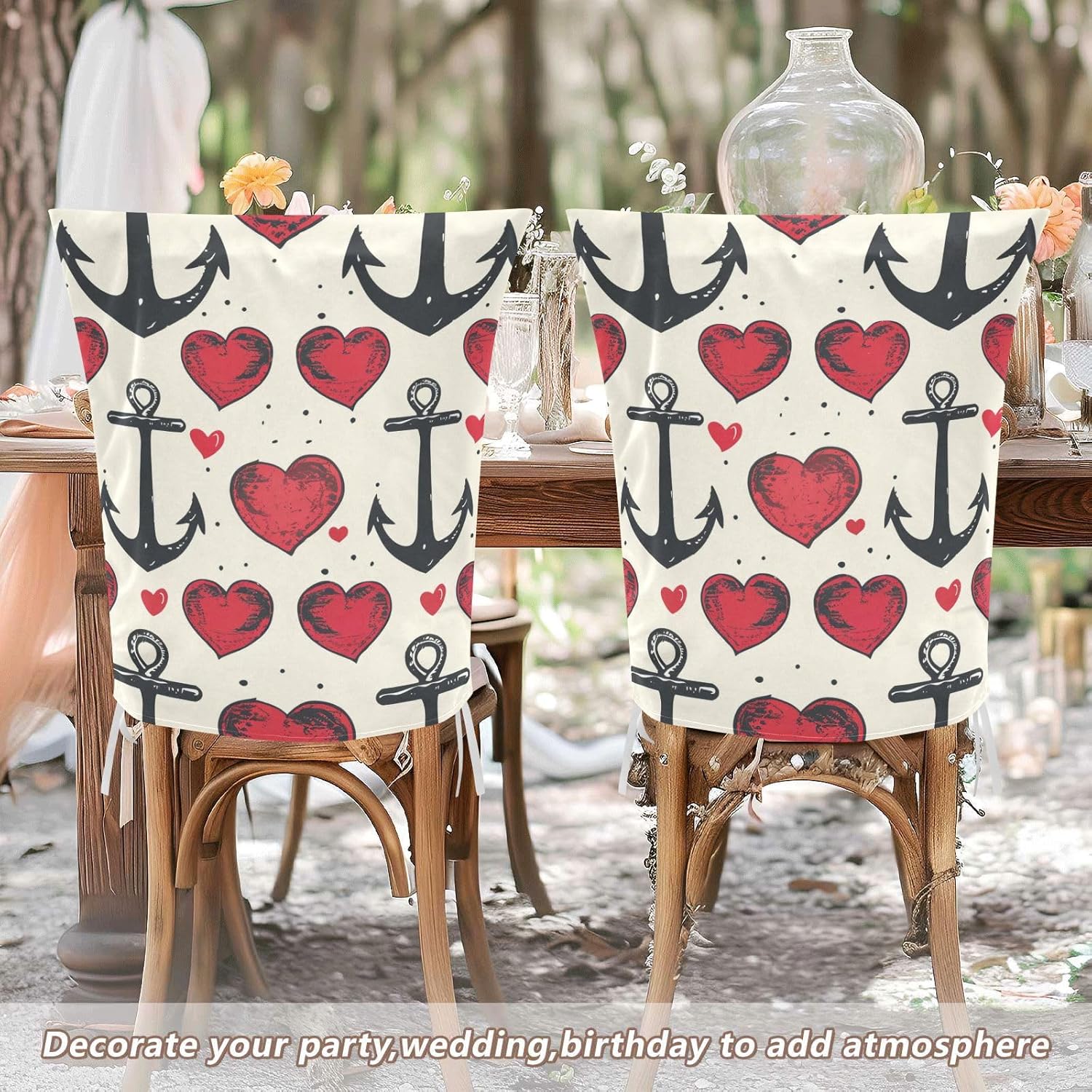 ALAZA Hearts Anchor Chair Back Cover Set of 6, Washable Reusable Removable Chair Slipcovers Decorative Chair Cover for Home Kitchen Wedding Party