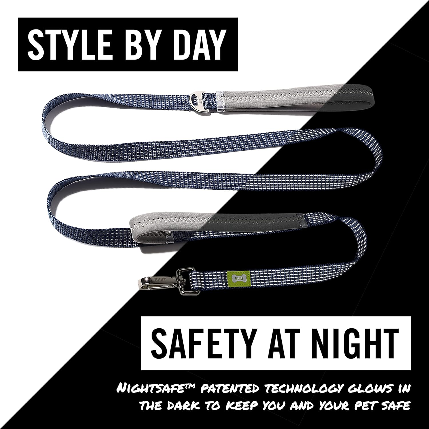 BUILT Pet Nightsafe Dog Leash Large, Navy and Yellow
