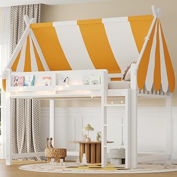 Merax Low Loft Bed Full Size with LED Lights & Book Shelf, Wooden House Shape Bed with Canopy for Kids, Junior, Young Teens, Innovative Full Bedframe, No Box Spring Needed, White