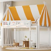 Merax Low Loft Bed Full Size with LED Lights & Book Shelf, Wooden House Shape Bed with Canopy for Kids, Junior, Young Teens, Innovative Full Bedframe, No Box Spring Needed, White