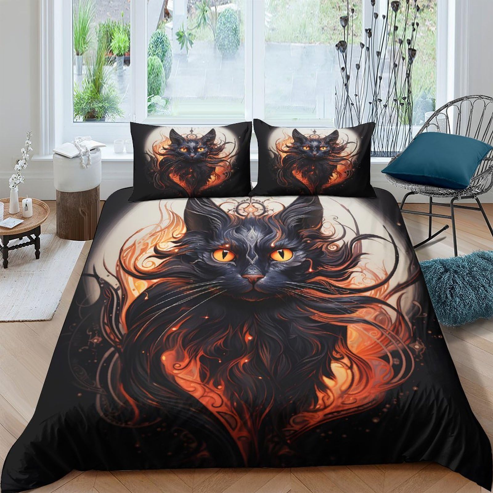 TUFRTGYHN 3D Printed Black Cat Flame Duvet Cover Set Microfiber Soft Breathable Gothic Bedding Set with 2 Pillowcases for Bedroom Decor Single（135x200cm）
