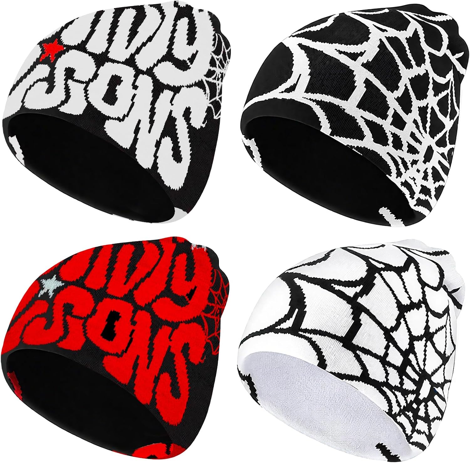 4 Pcs Y2K Beanie Spider Web Beanie, Winter Streetwear Headwear Knitted Hat Goth Graphic Beanies for Men Women Black