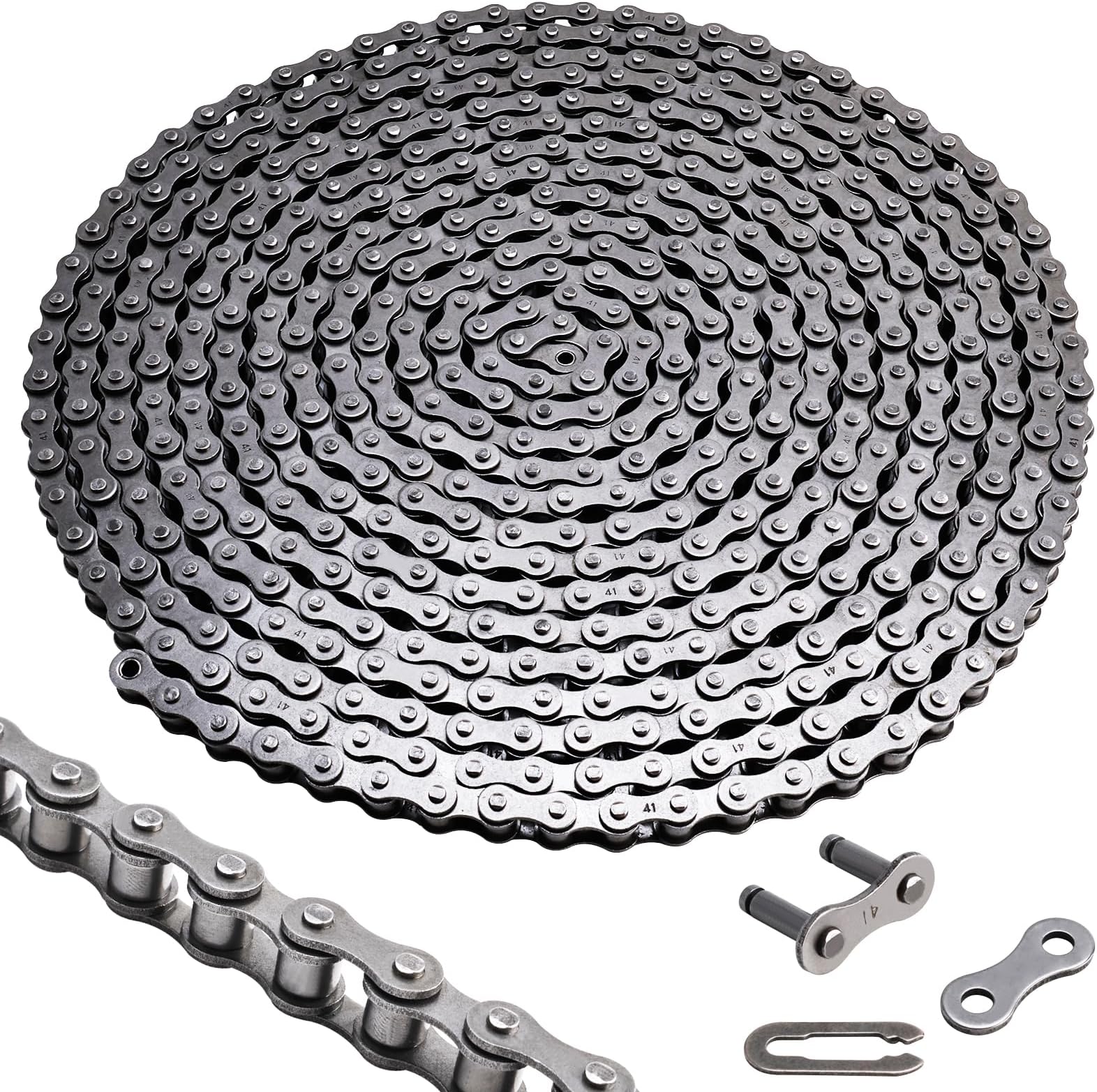 #41 Roller Chain 20 Feet for Electric Gate Openers with 4 Connecting Links, Carbon Steel Chains for Automatic Sliding Gate Opener Operator Garage Hanger Door Go Karts ATVs Dirt Bikes