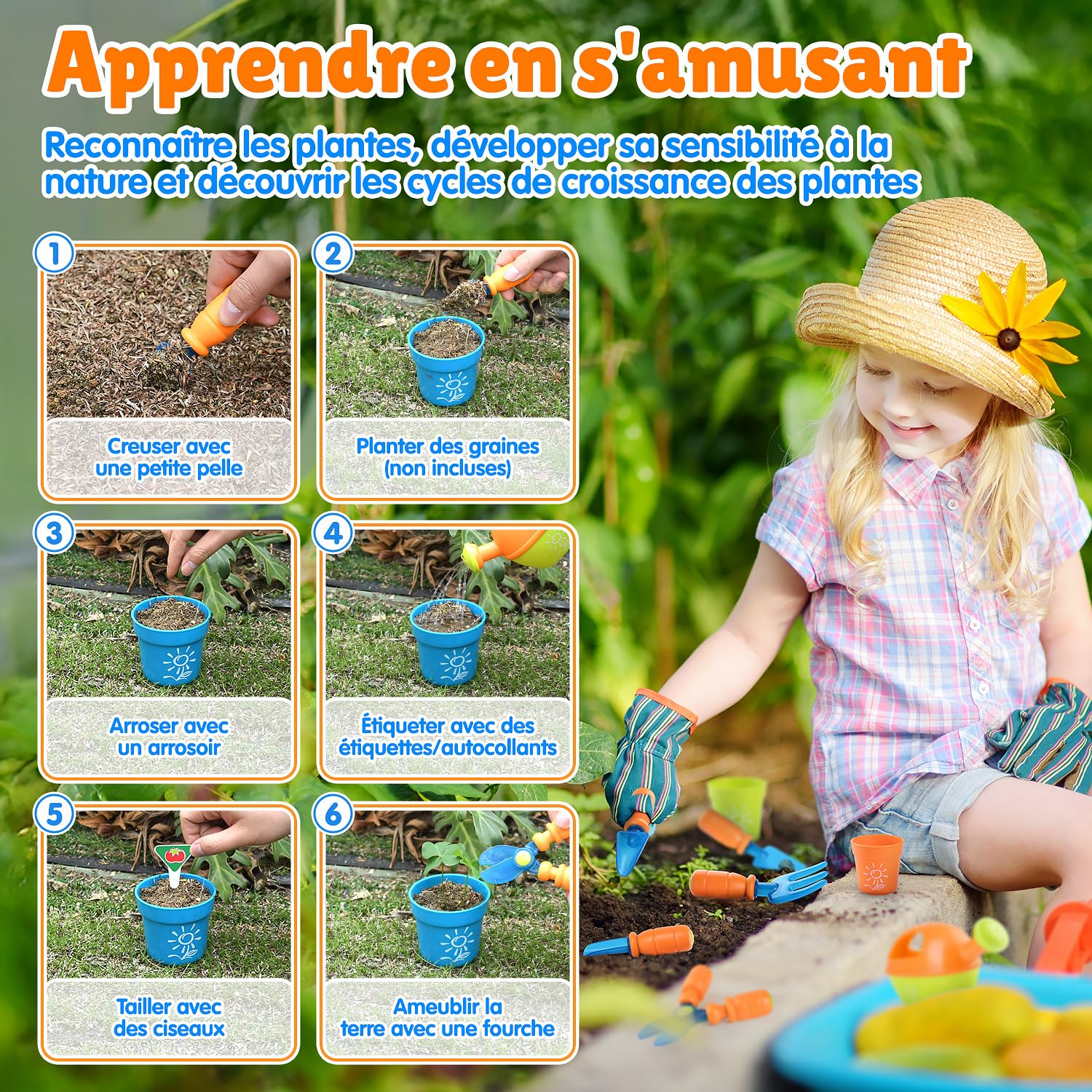 Play Ensemble d'outils de Jardinage pour Enfants avec Pelle, Fourche, Ciseaux, Pot de Fleurs, arrosoir, étiquette et boîte de Rangement, kit de Jardinage pour Enfants à partir de 3 Ans