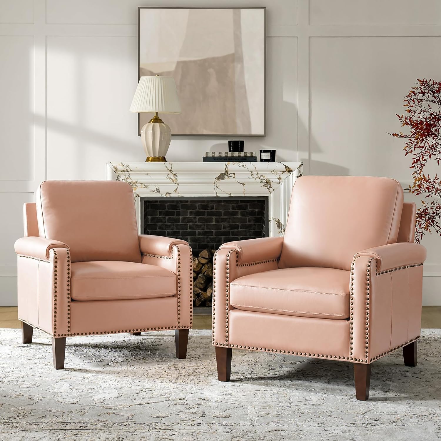 HULALA HOME Genuine Leather Accent Chairs Set of 2 with Wooden Legs & Nailhead Trim, Comfy Upholstered Armchair with Padded Cushion & Rolled Arms, Pink
