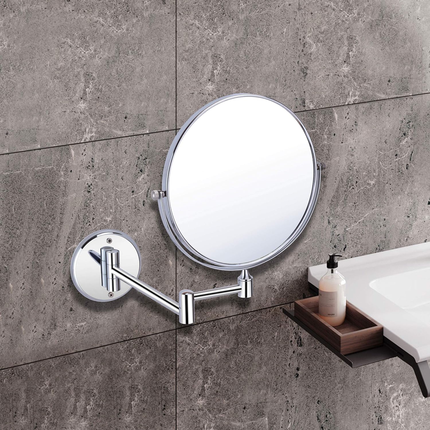 ELECRANGE Makeup Mirror | Shaving Mirror | Bathroom Mirror with 5X Magnifying Mirror & Wall Bracket with Adjustable Frame (Silver)(Round) Framed-image-37