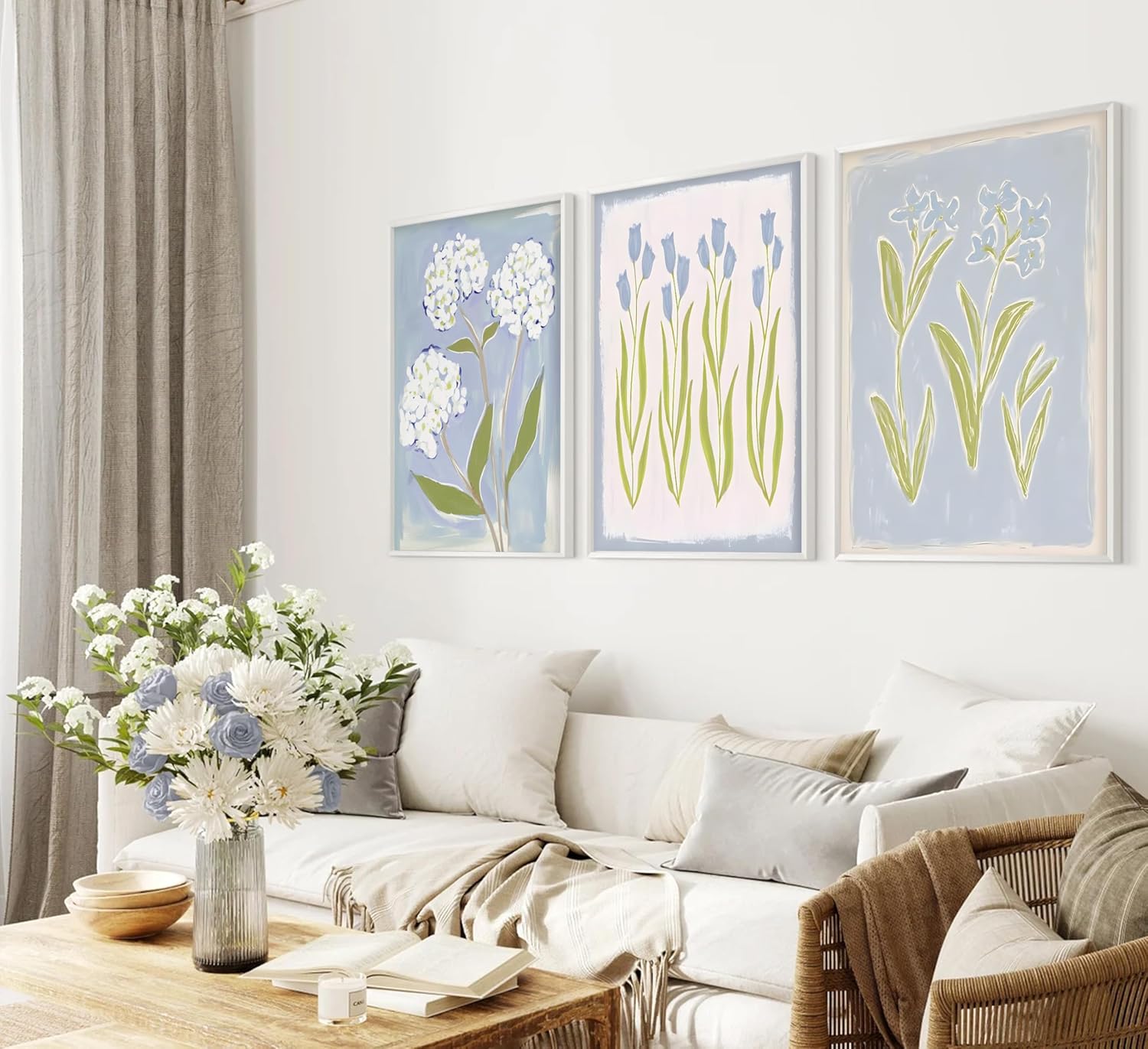3Pcs Blue Green Tulip Hydrangea Flower Wall Art Flowers Plant Aesthetics Painting Picture Decor Elegant Preppy Poster Print Artwork for Living Room Gallery Bedroom Dorm Home Decoration