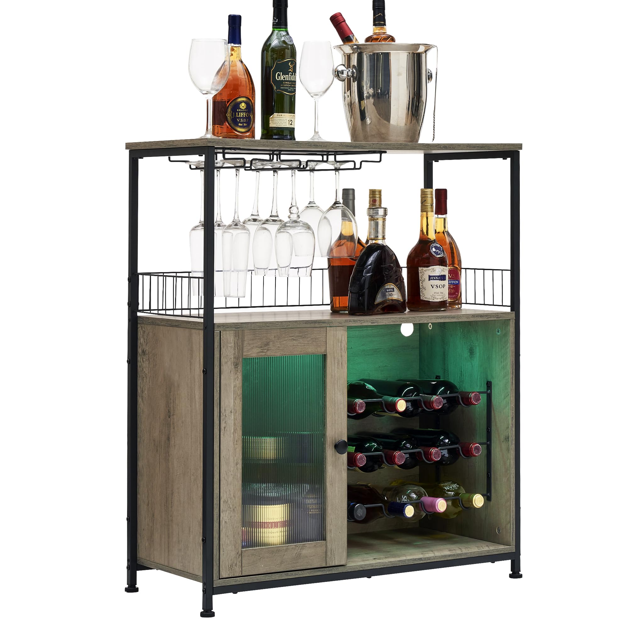 Wine Bar Cabinet with Led Lights & Removable Wine Racks, Multifunctional Bar Cabinet with 3 Rows Glass Holder and Acrylic Door for Liquor and Glasses, for Kitchen, Dining Room (Grey)
