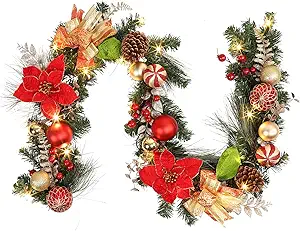 Adeeing 6FT Christmas Garland with Lights, Xmas Battery Operated Artificial Rattan with Classic Red Gold Decorations, Xmas Garland for Home Indoor Fireplace Mantle Outdoor Decor, Red